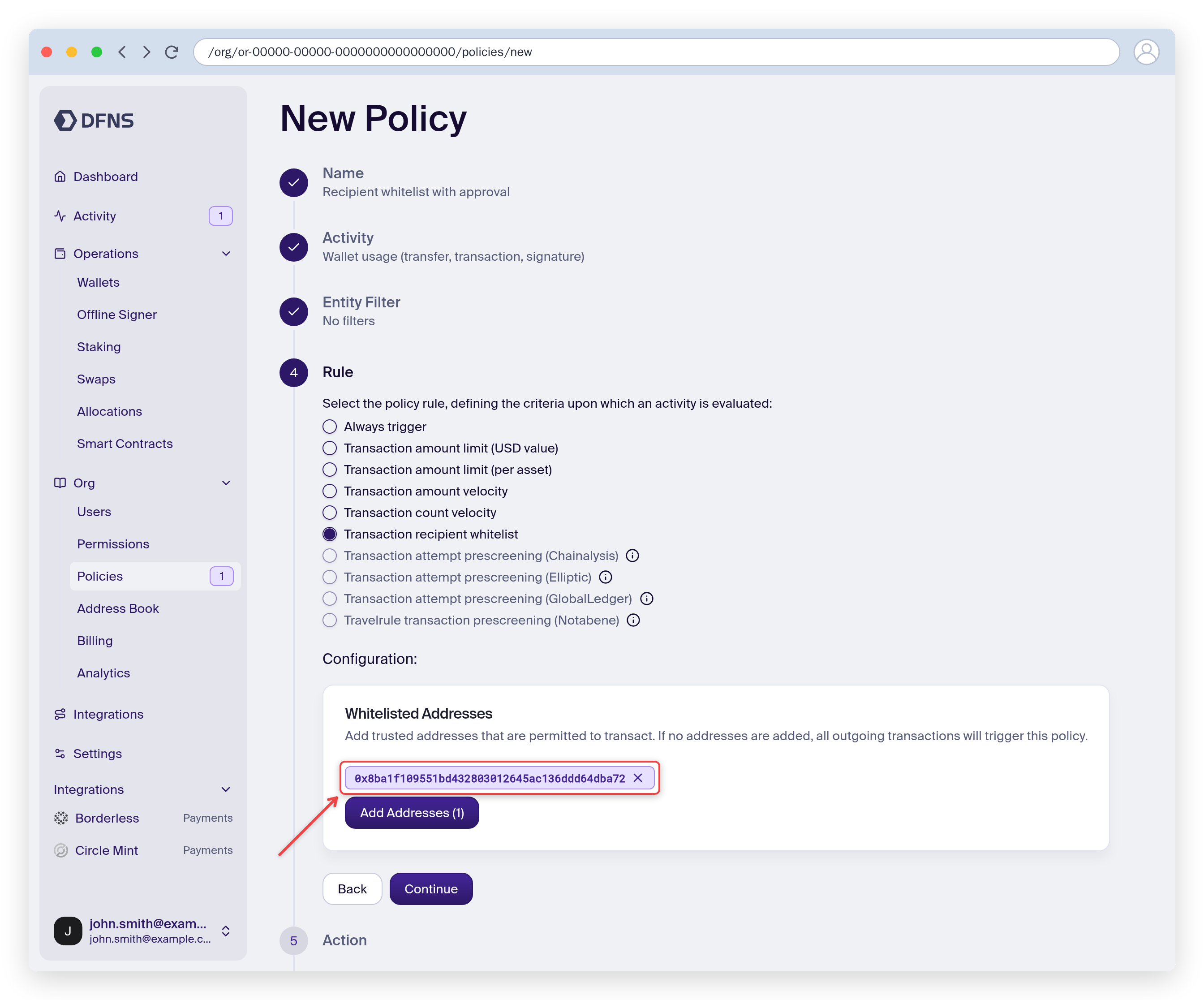Policy wizard Rule step with a whitelisted address configured