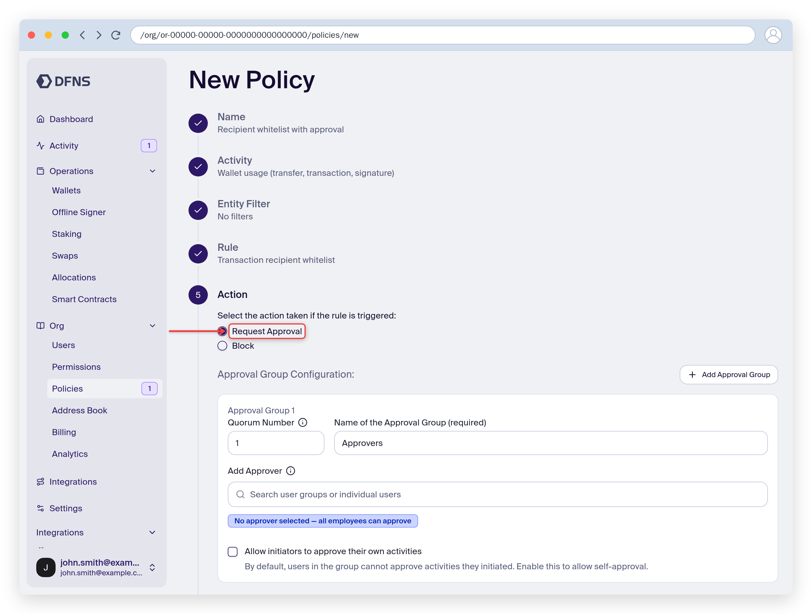 Policy wizard Action step with Request Approval and an approval group