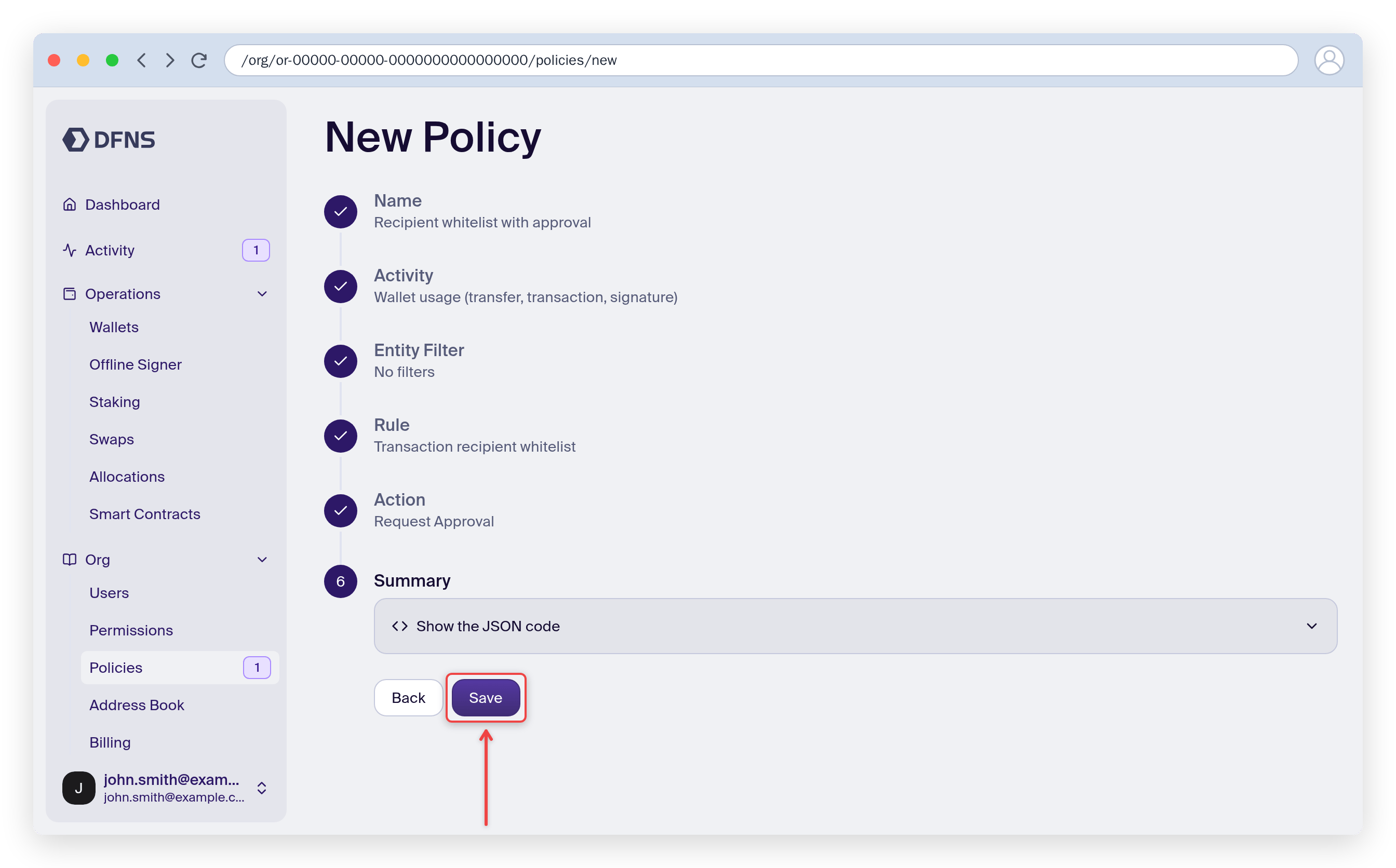 Policy wizard Summary step with the Save button highlighted