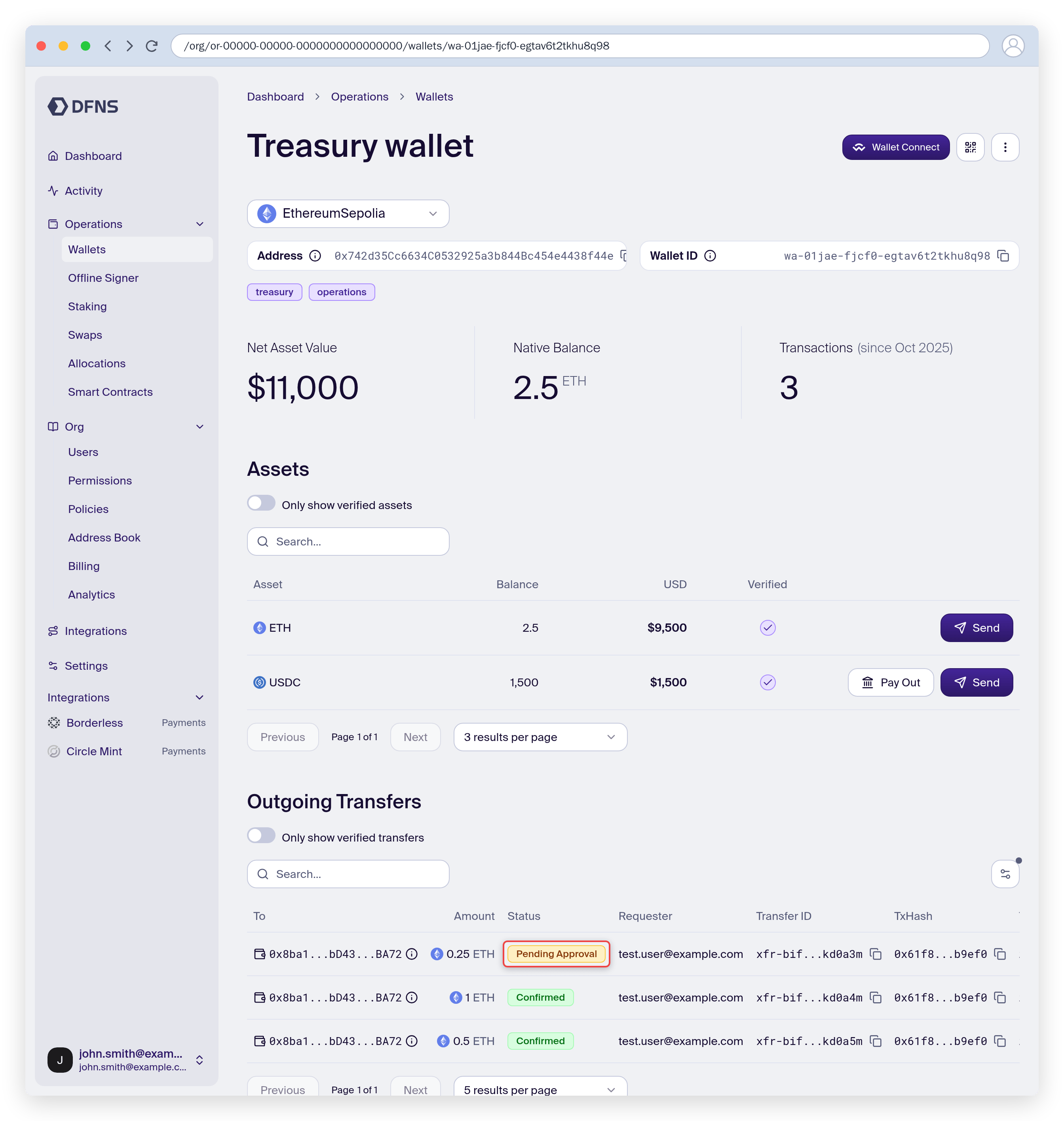 Wallet detail page showing assets, balances and transfers