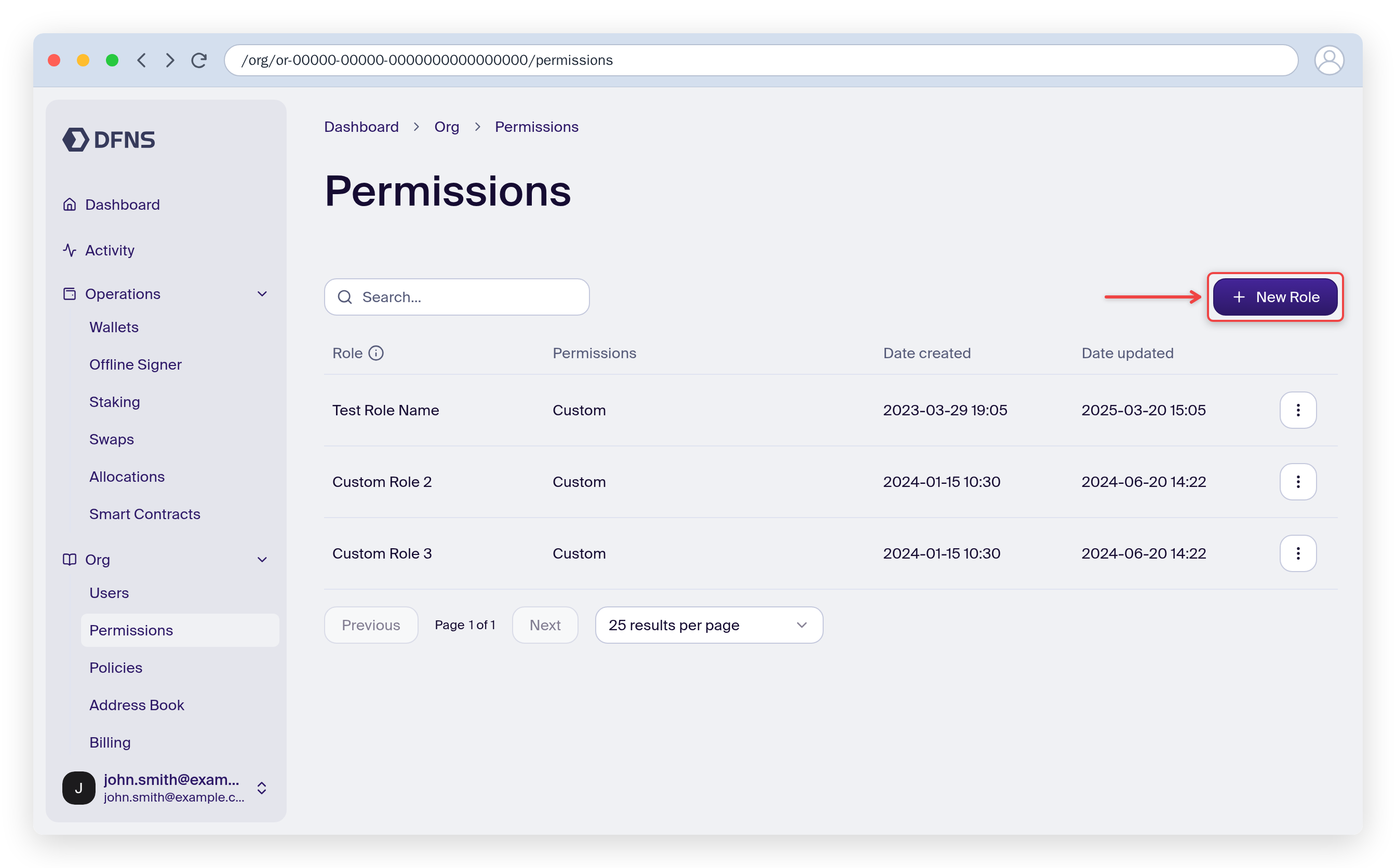 Permissions page with the Create Role button highlighted
