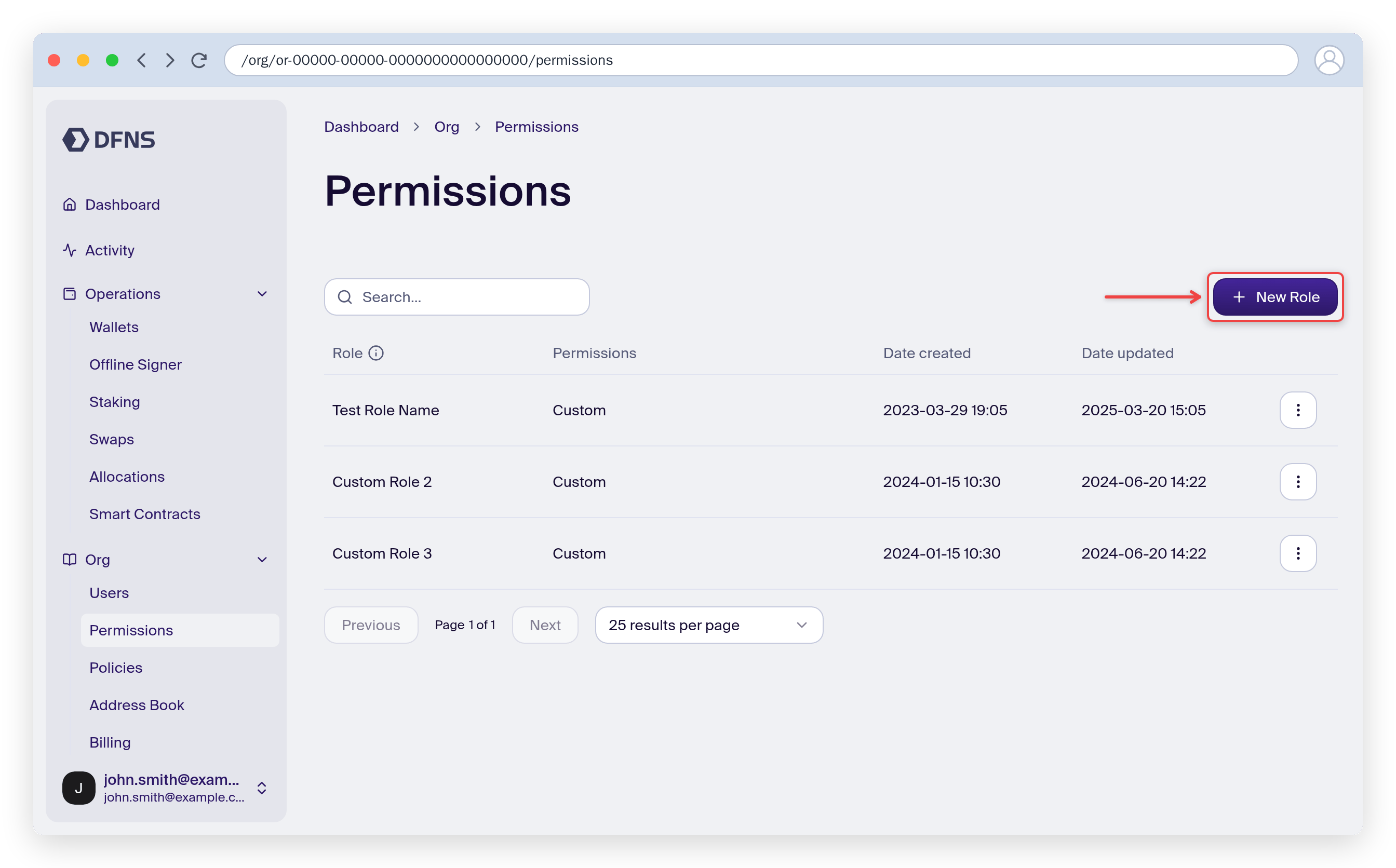 Permissions page with the Create Role button highlighted