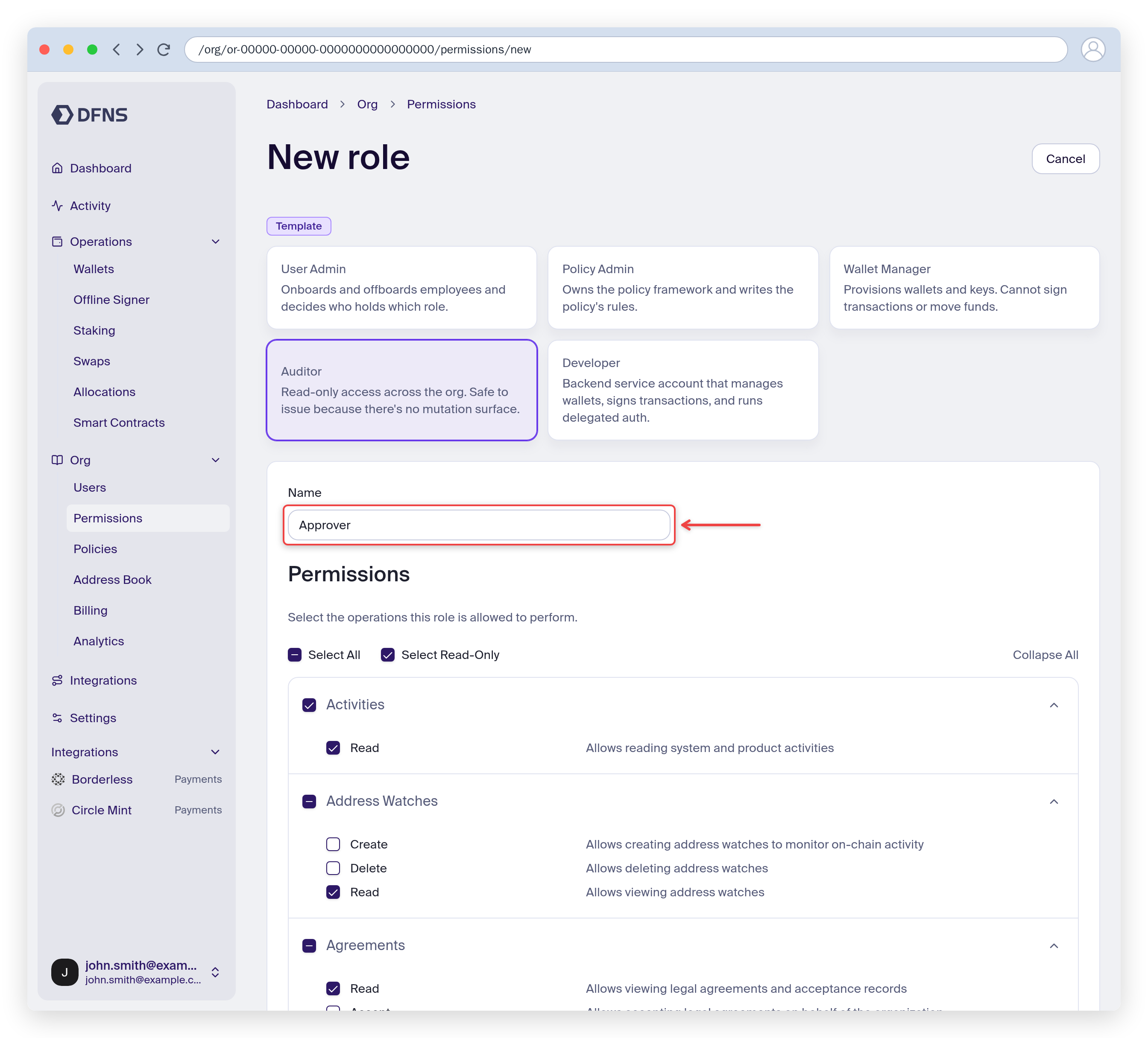 New role form named Approver with read-only permissions selected