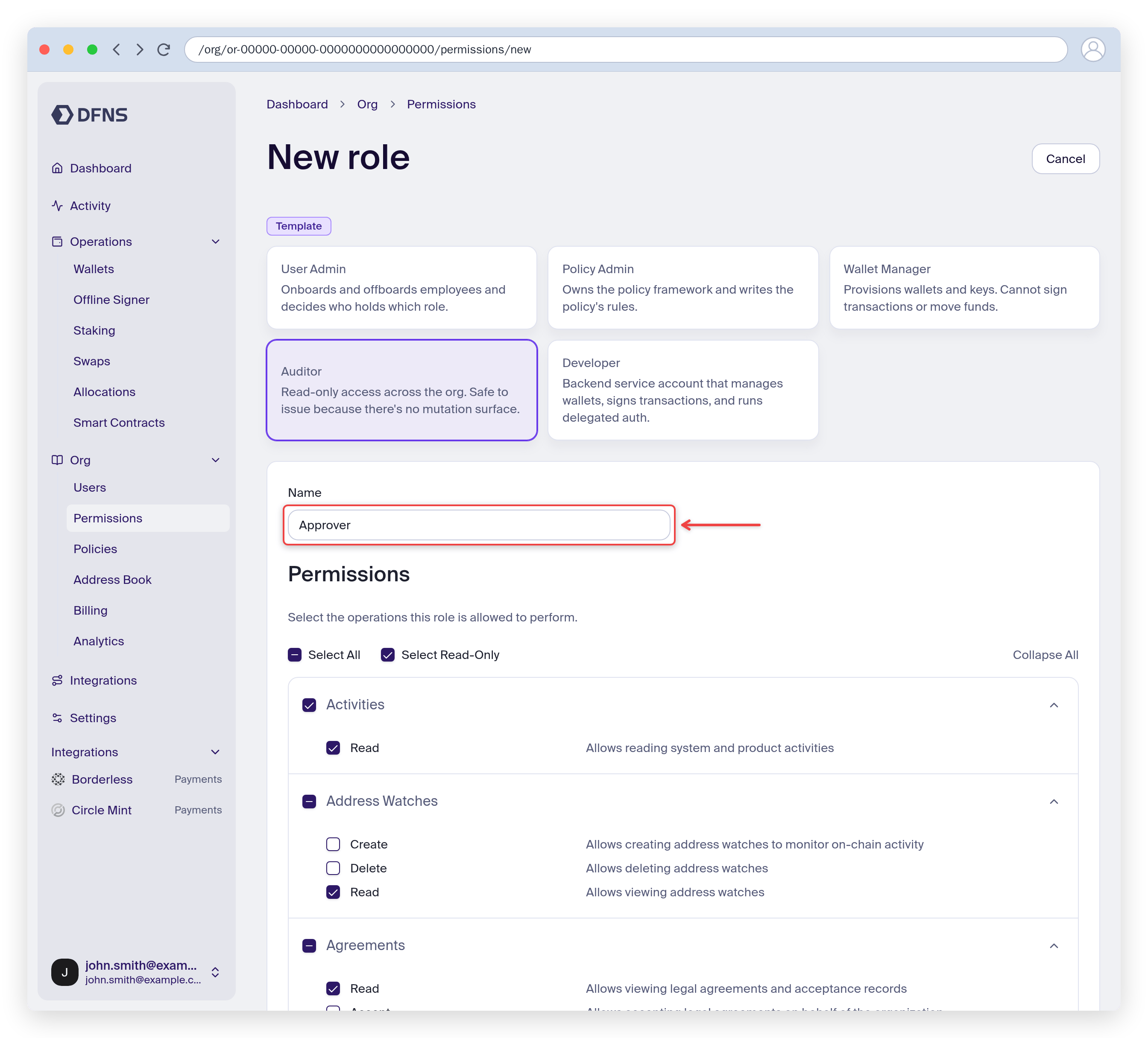 New role form named Approver with read-only permissions selected