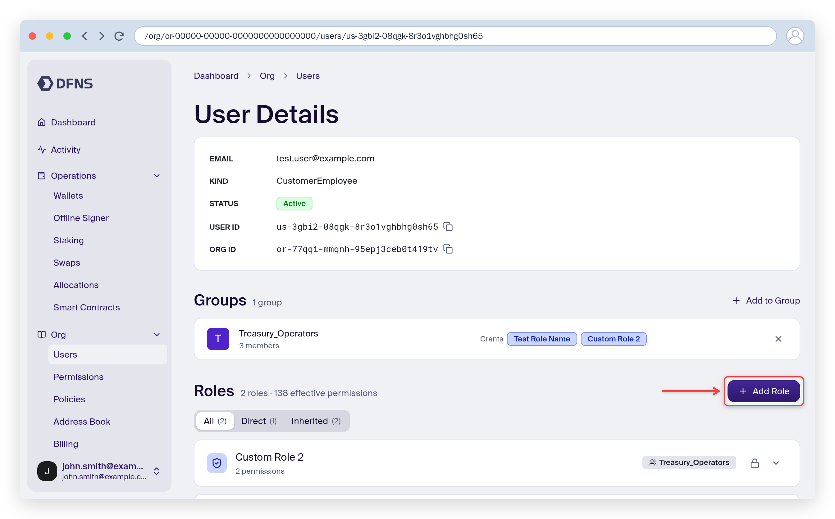 User details page with the Add Role button highlighted