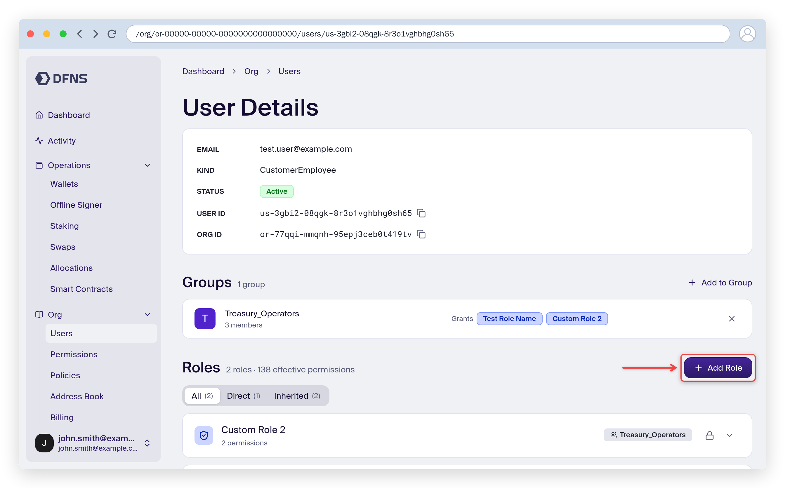 User details page with the Add Role button highlighted