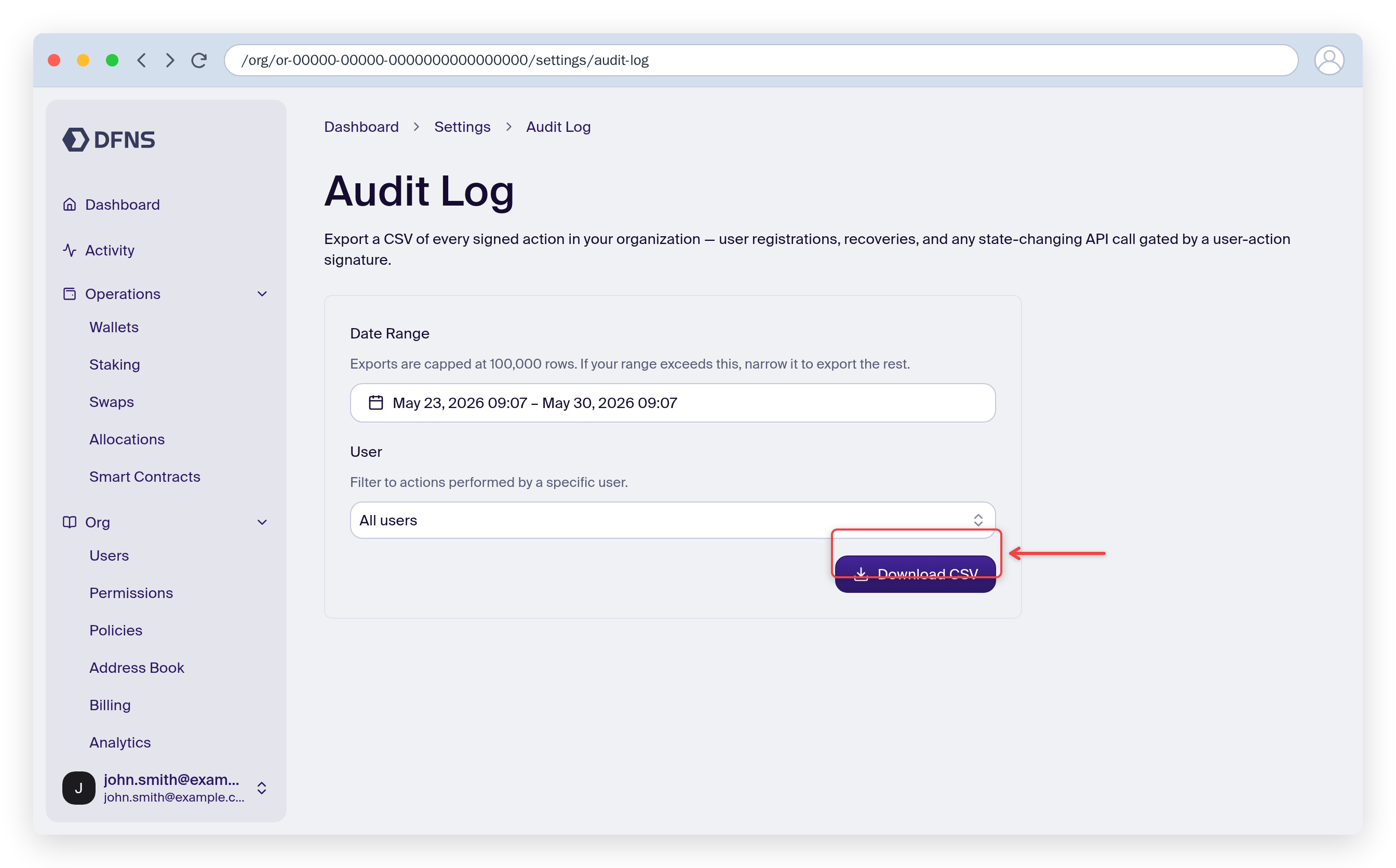 Audit Log export form showing the date range, user filter, and the Download CSV button highlighted