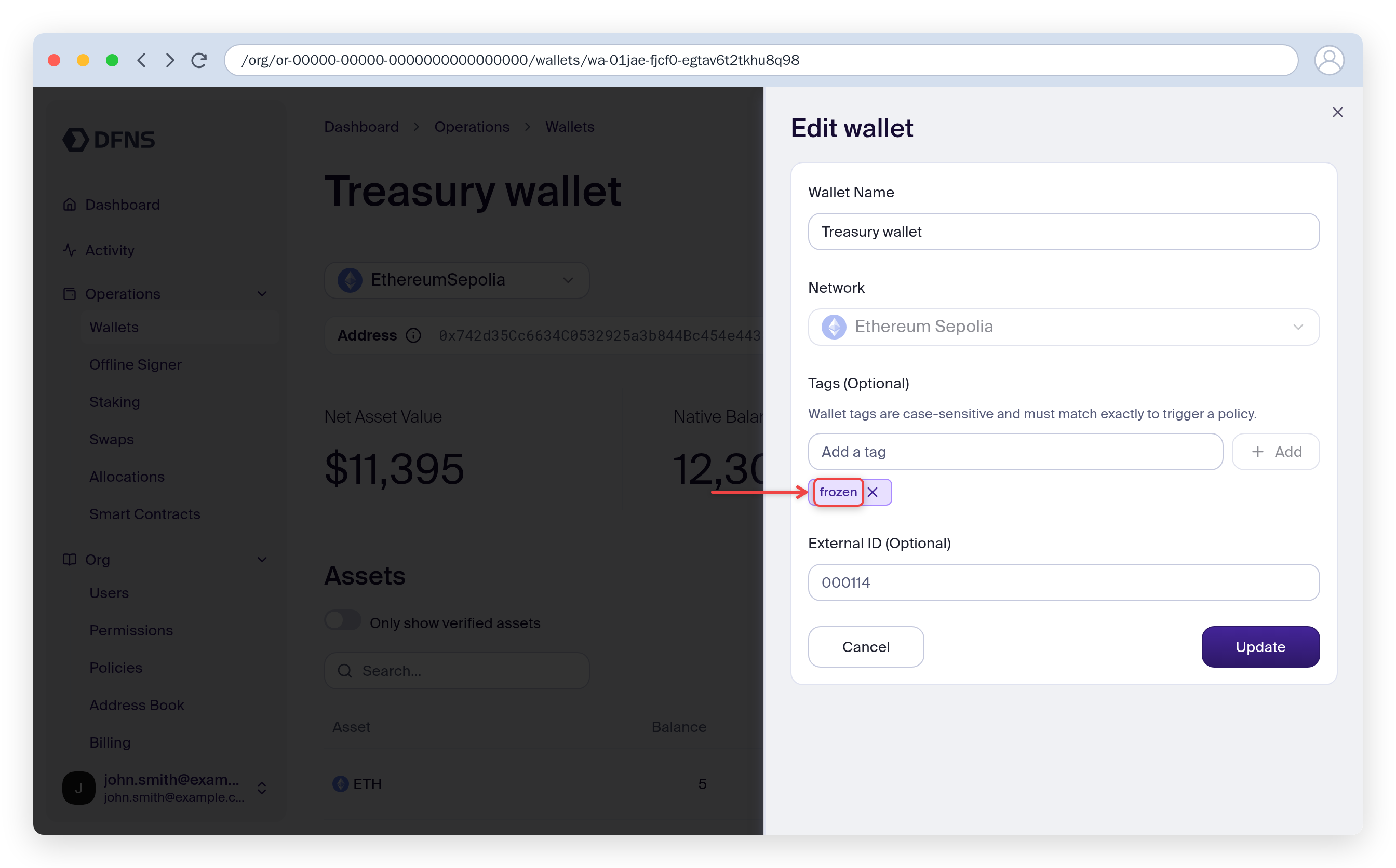 Edit wallet panel with the frozen tag added