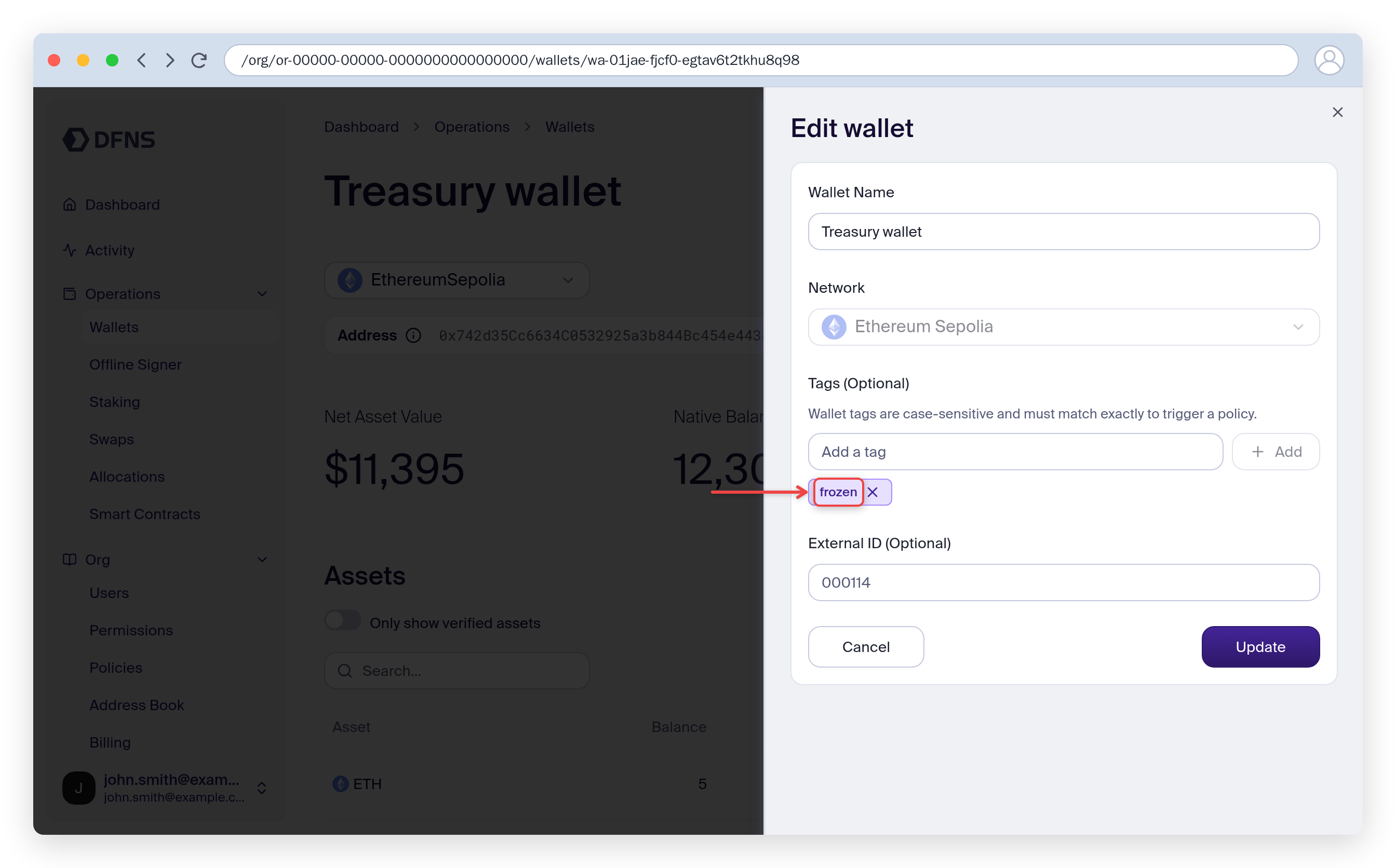 Edit wallet panel with the frozen tag added