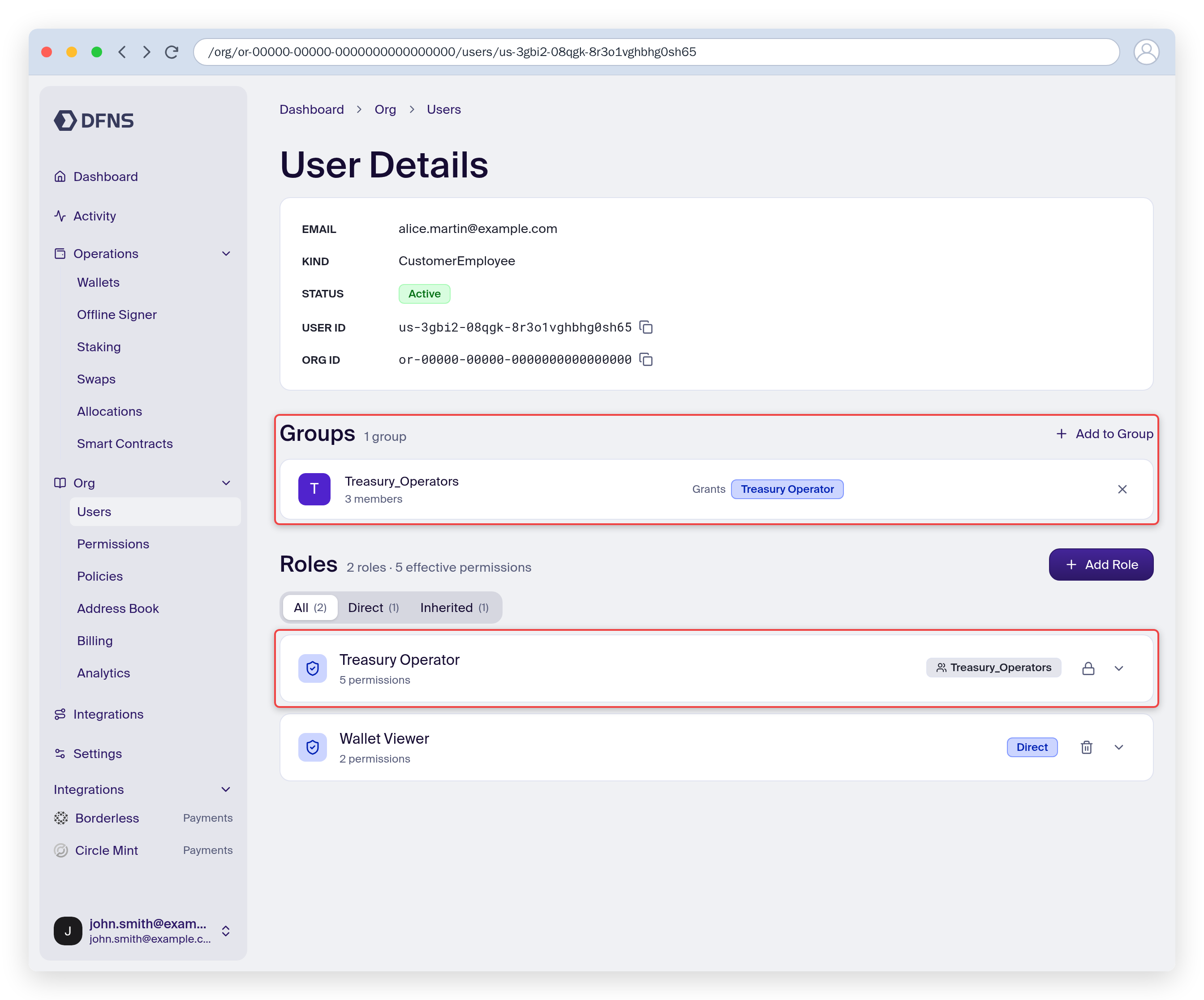User page listing the user's groups and their direct and inherited roles