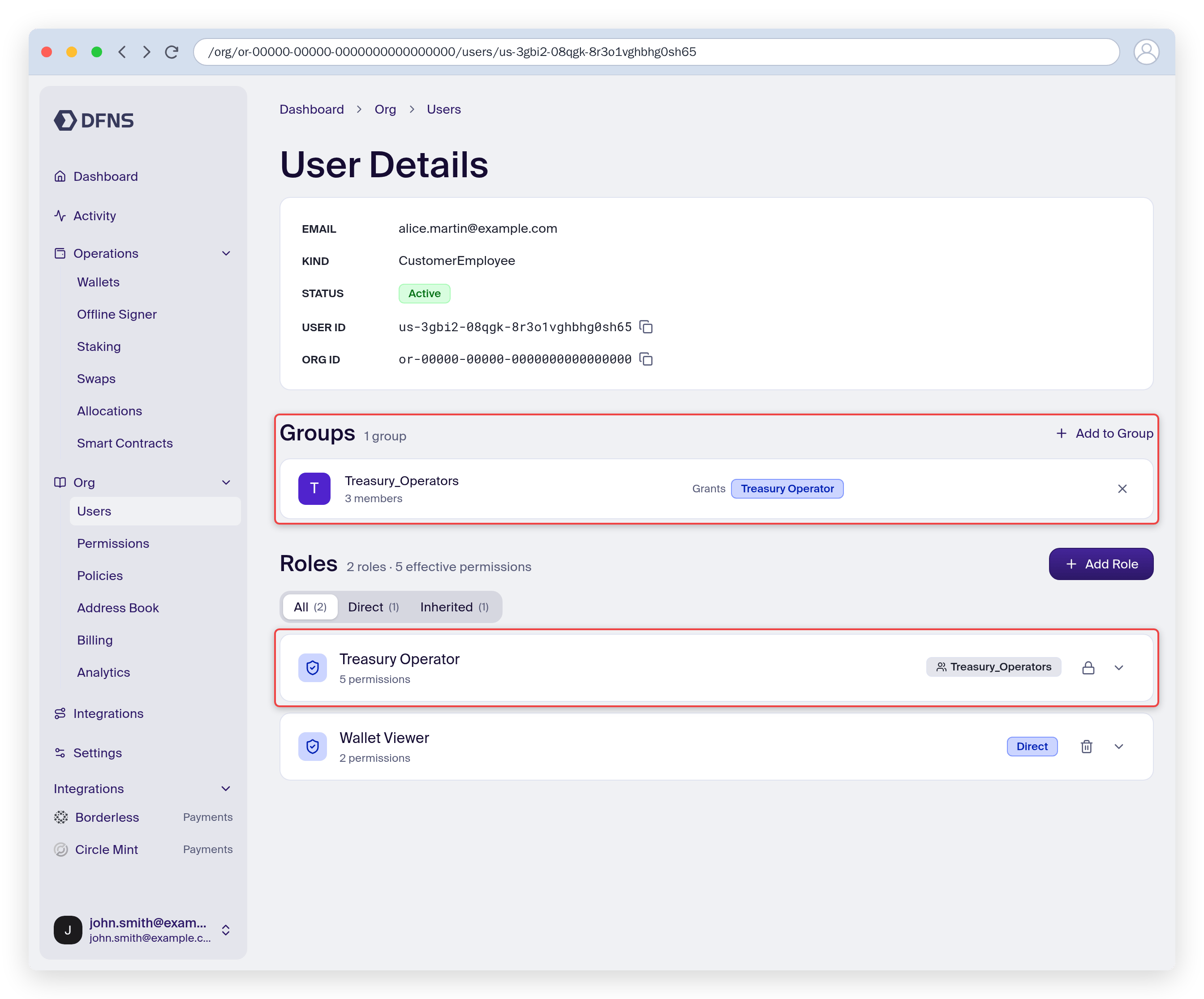 User page listing the user's groups and their direct and inherited roles