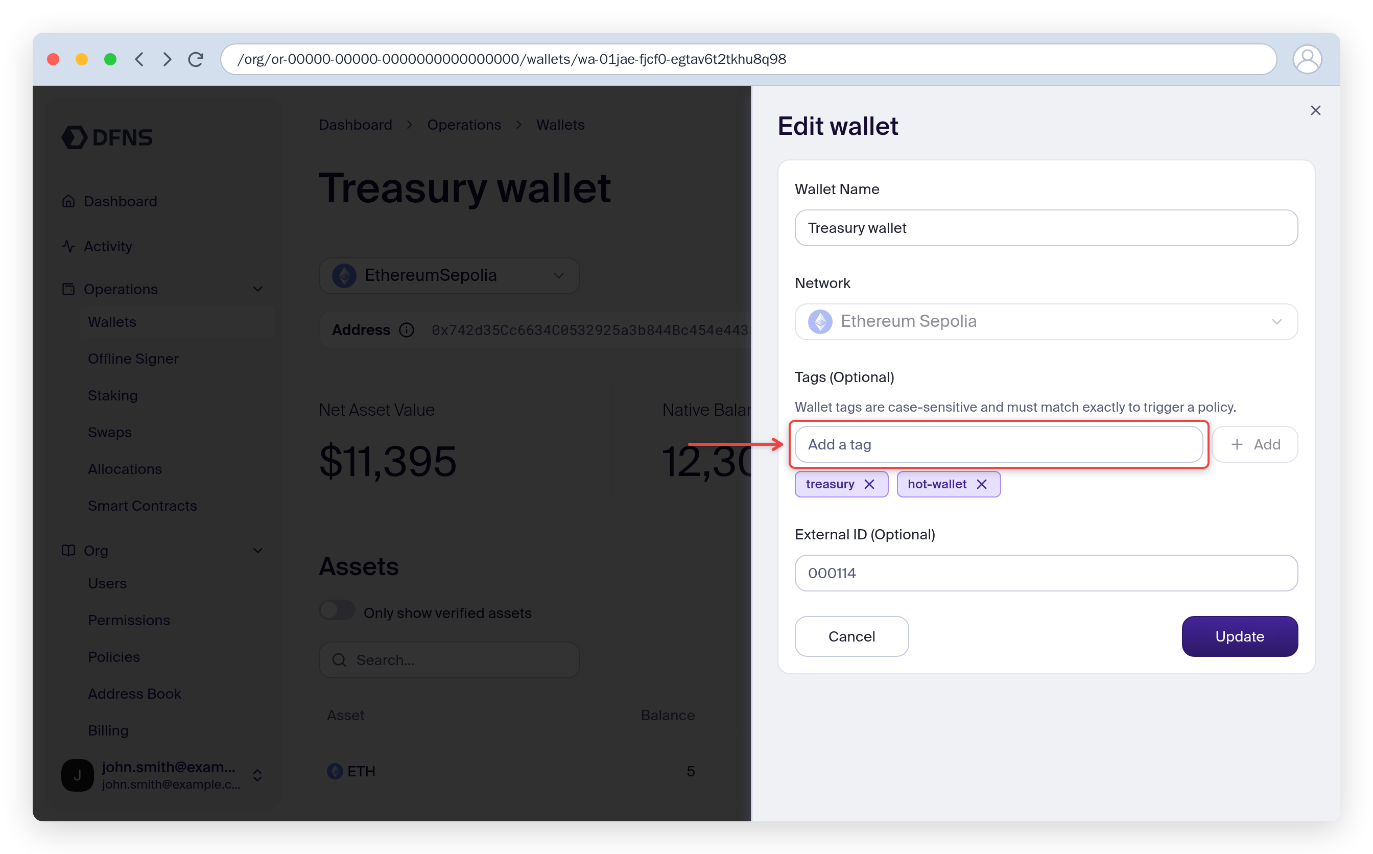 Edit wallet panel with the name and tags fields