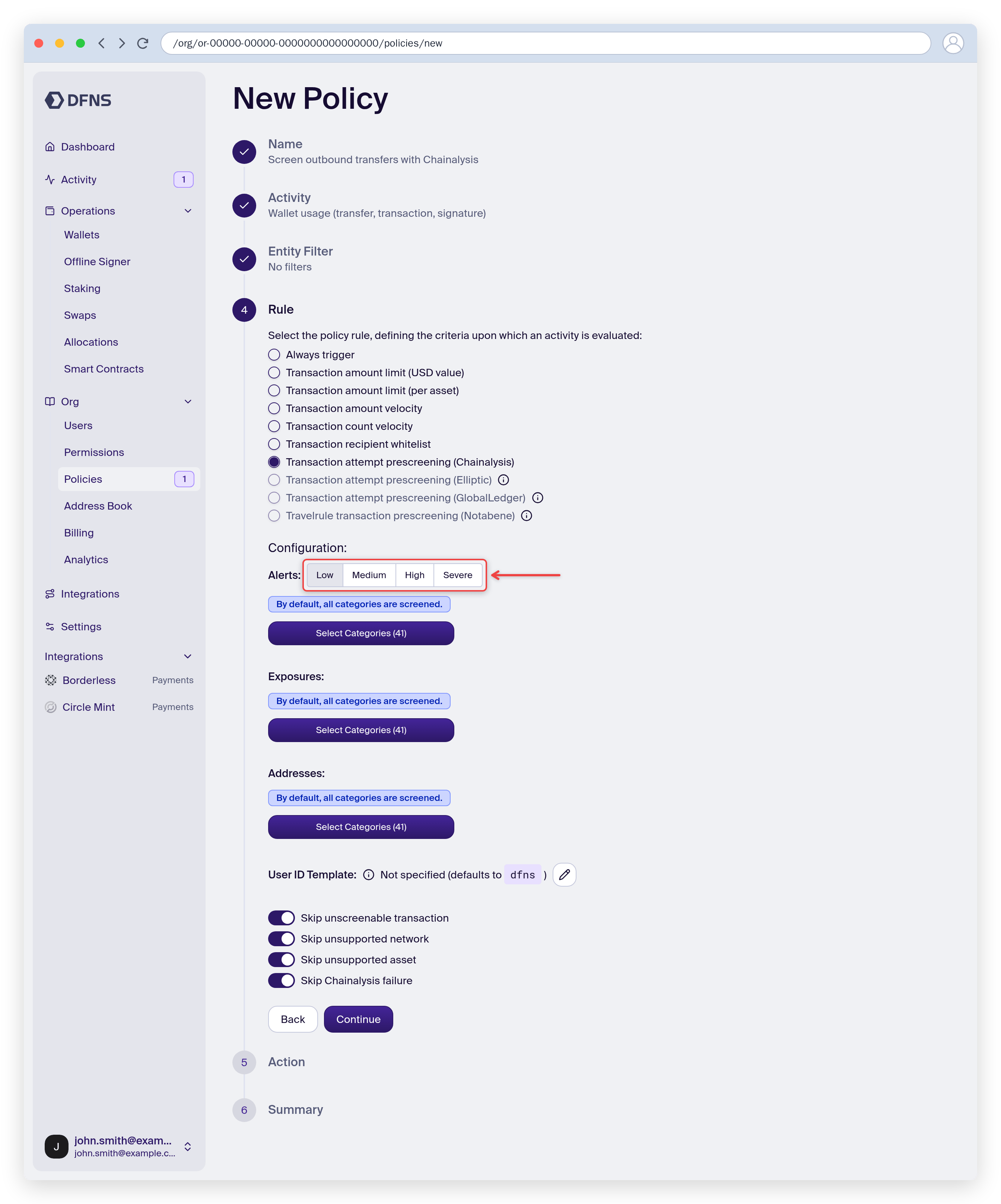 Policy rule set to Chainalysis prescreening with the alert level configuration