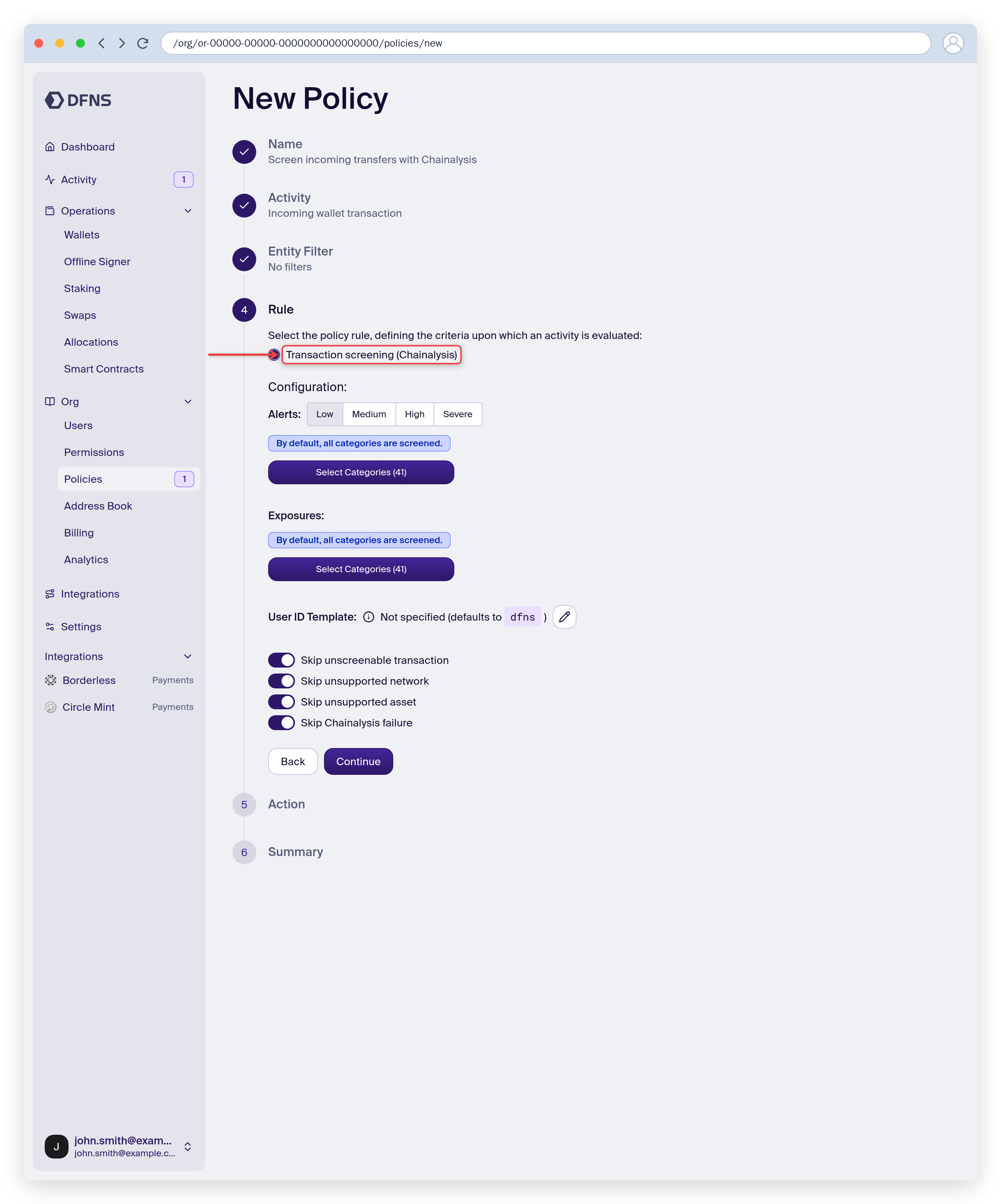 Policy rule set to Chainalysis incoming transaction screening