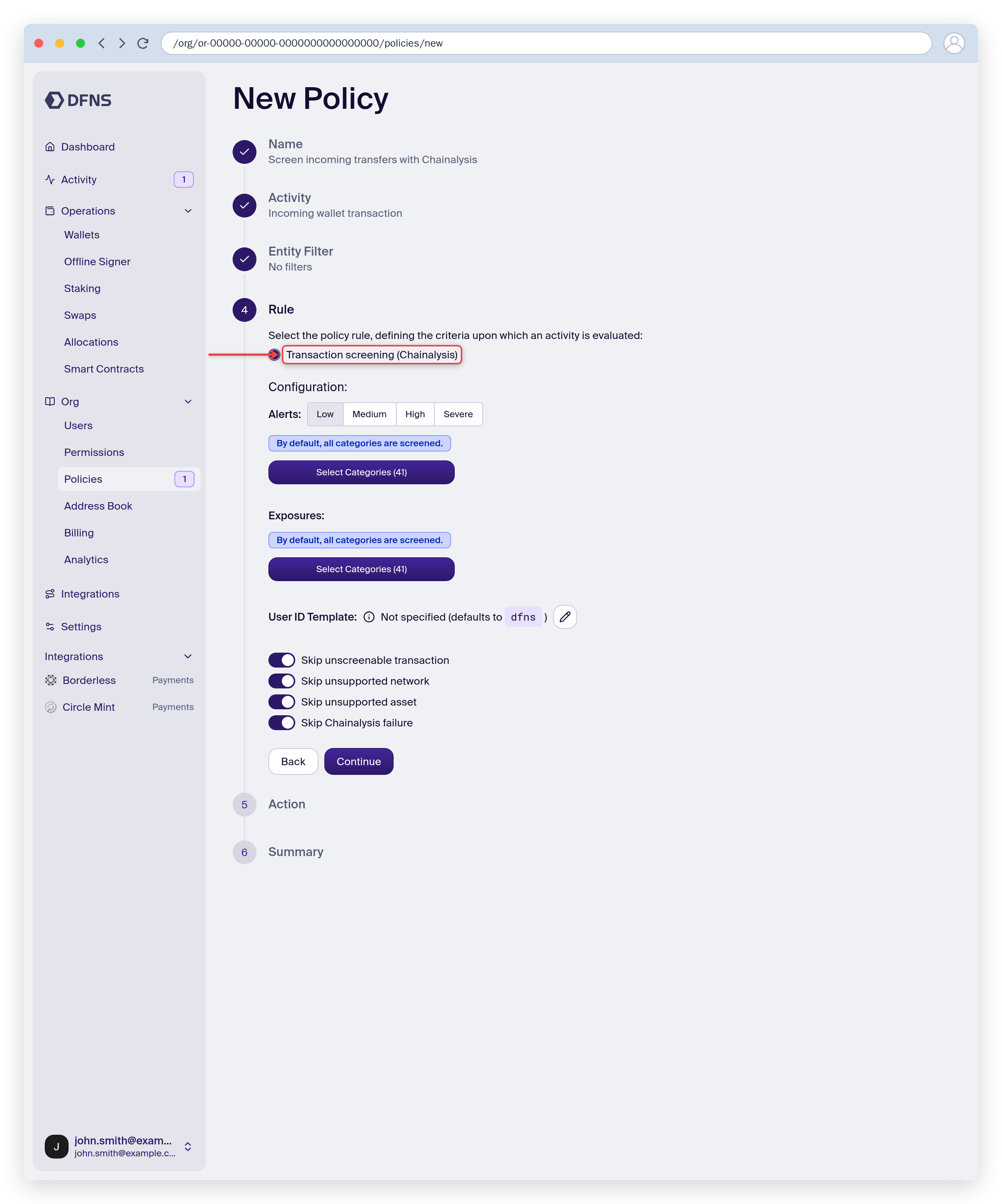 Policy rule set to Chainalysis incoming transaction screening