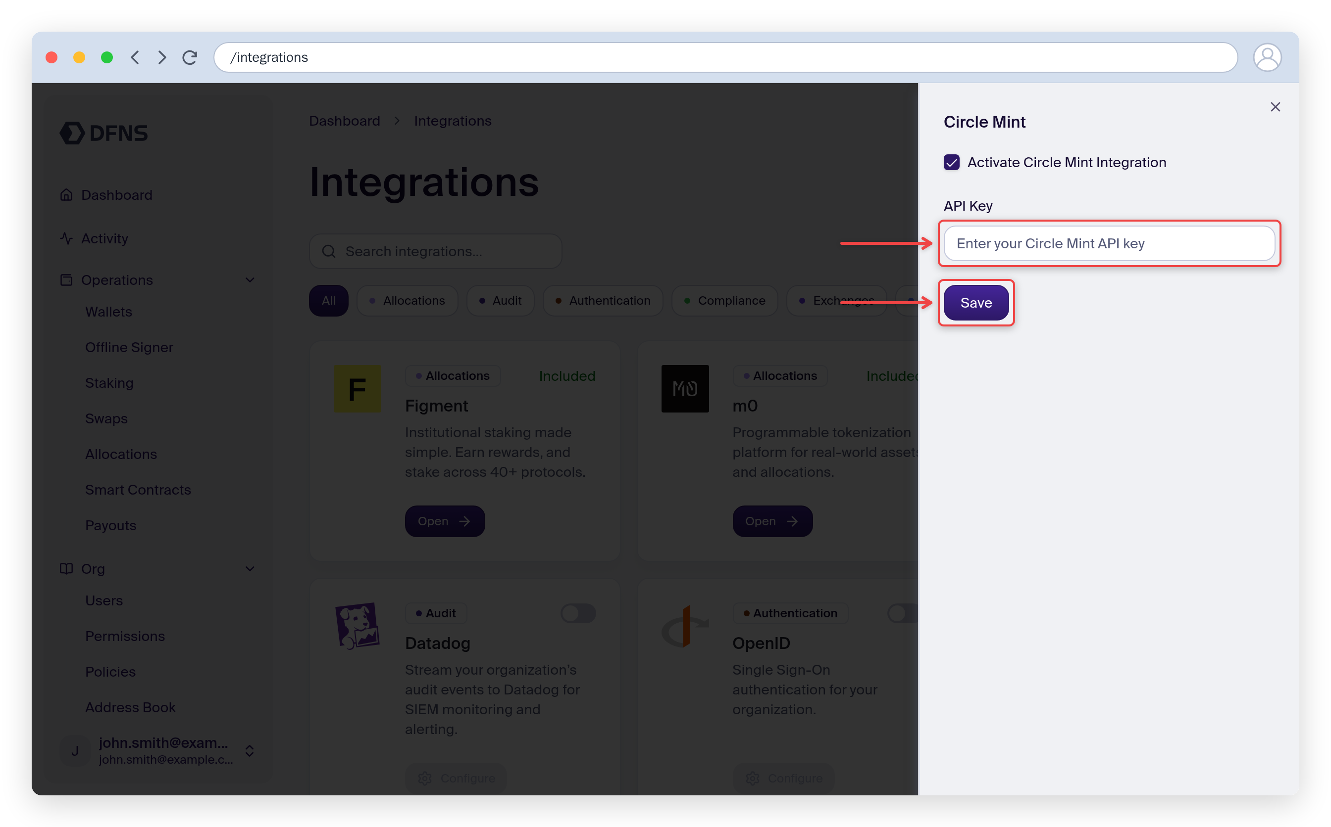 Circle Mint integration Configure form with the Activate checkbox, API Key field, and Save button