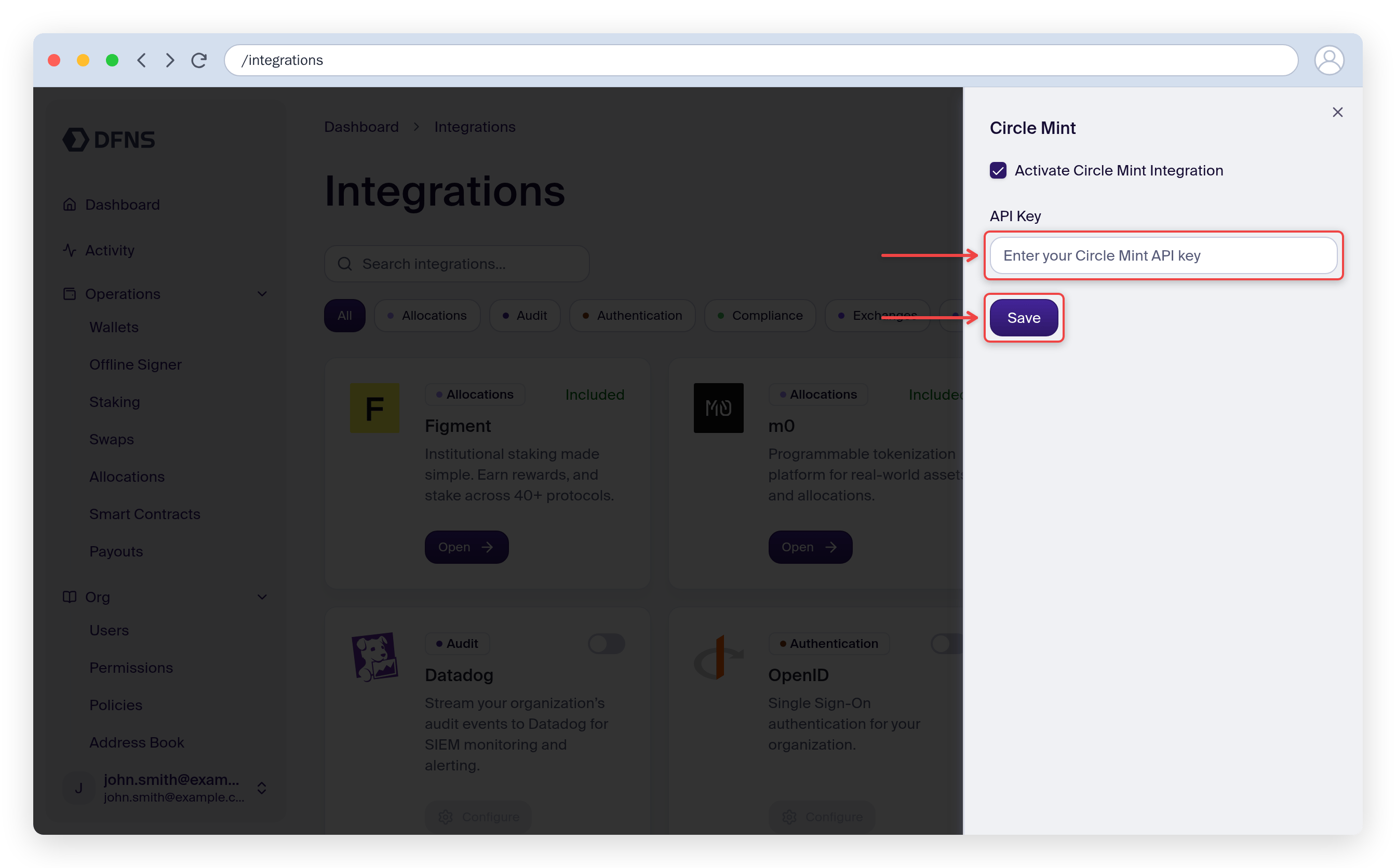 Circle Mint integration Configure form with the Activate checkbox, API Key field, and Save button
