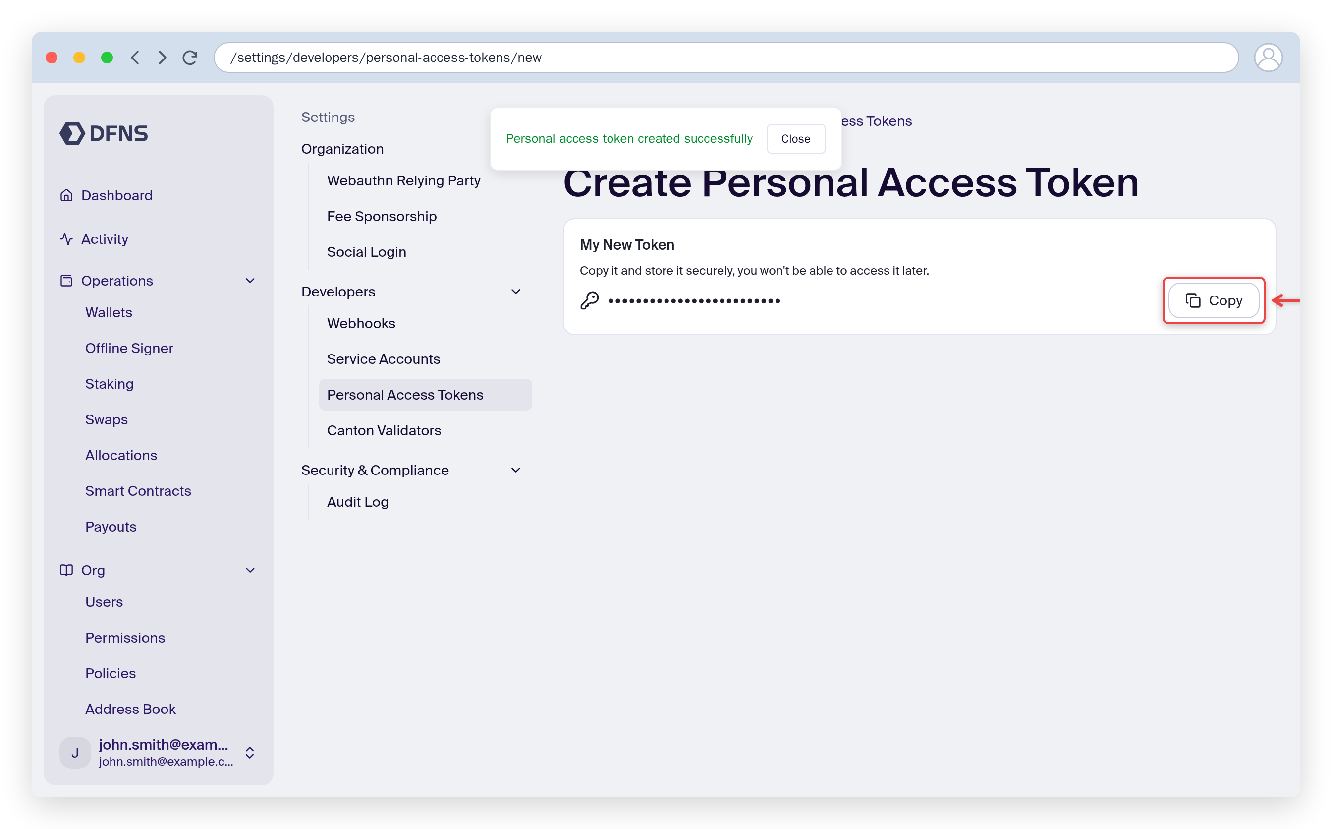 Personal access token creation showing the one-time token with a Copy button