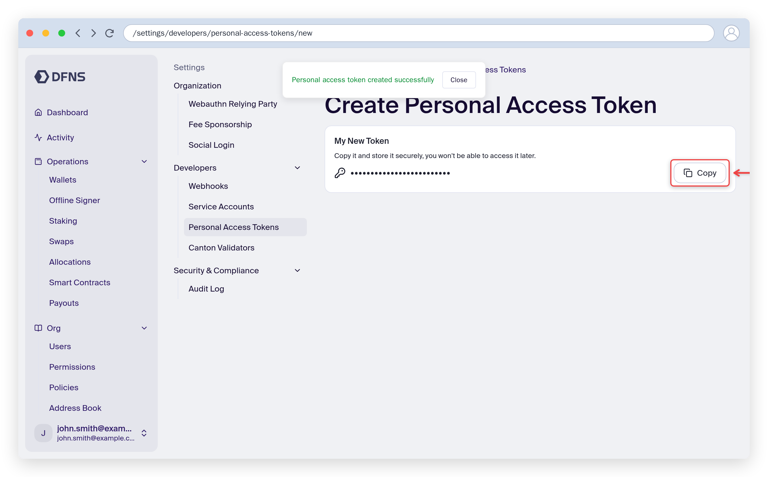 Personal access token creation showing the one-time token with a Copy button