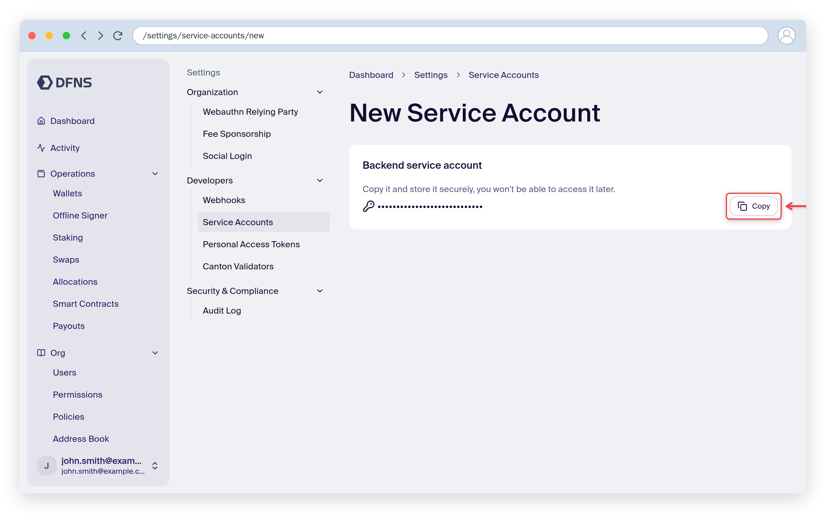 Service account creation showing the masked authentication token with a Copy button