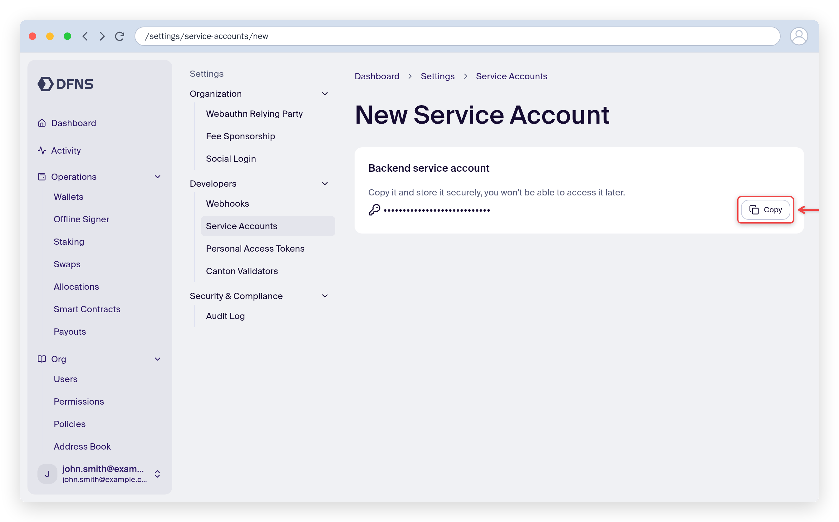 Service account creation showing the masked authentication token with a Copy button