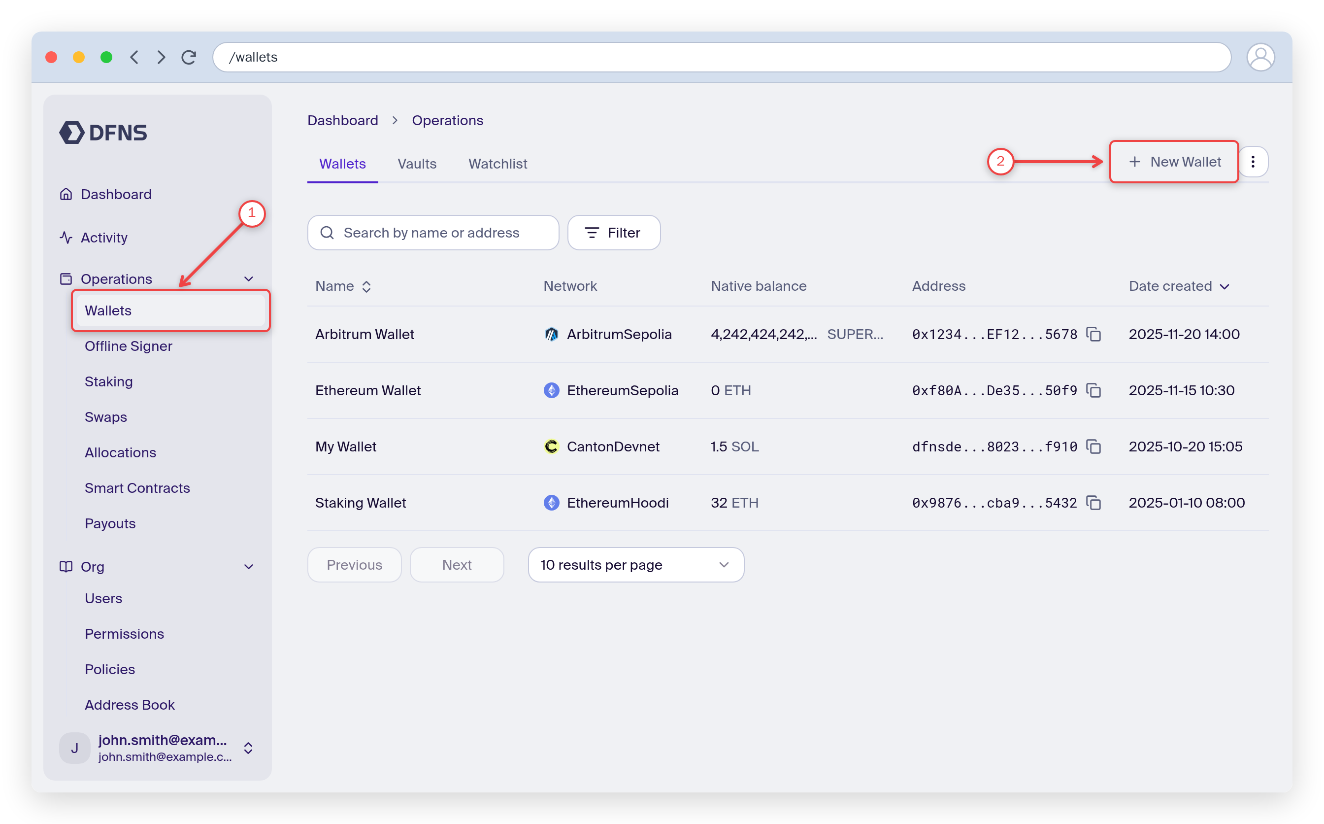 Wallets page with the Wallets menu item and the Create Wallet button highlighted