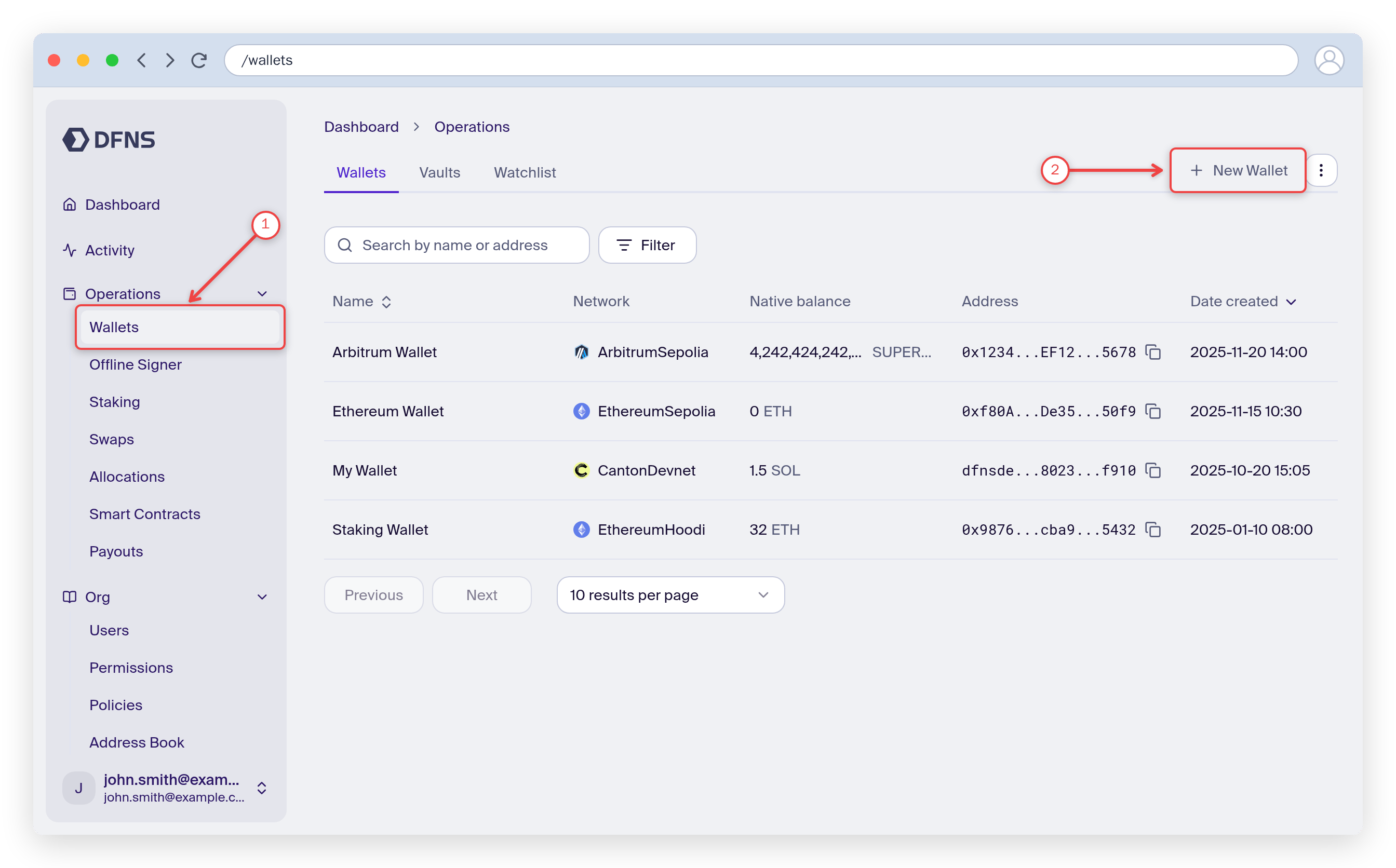 Wallets page with the Wallets menu item and the Create Wallet button highlighted