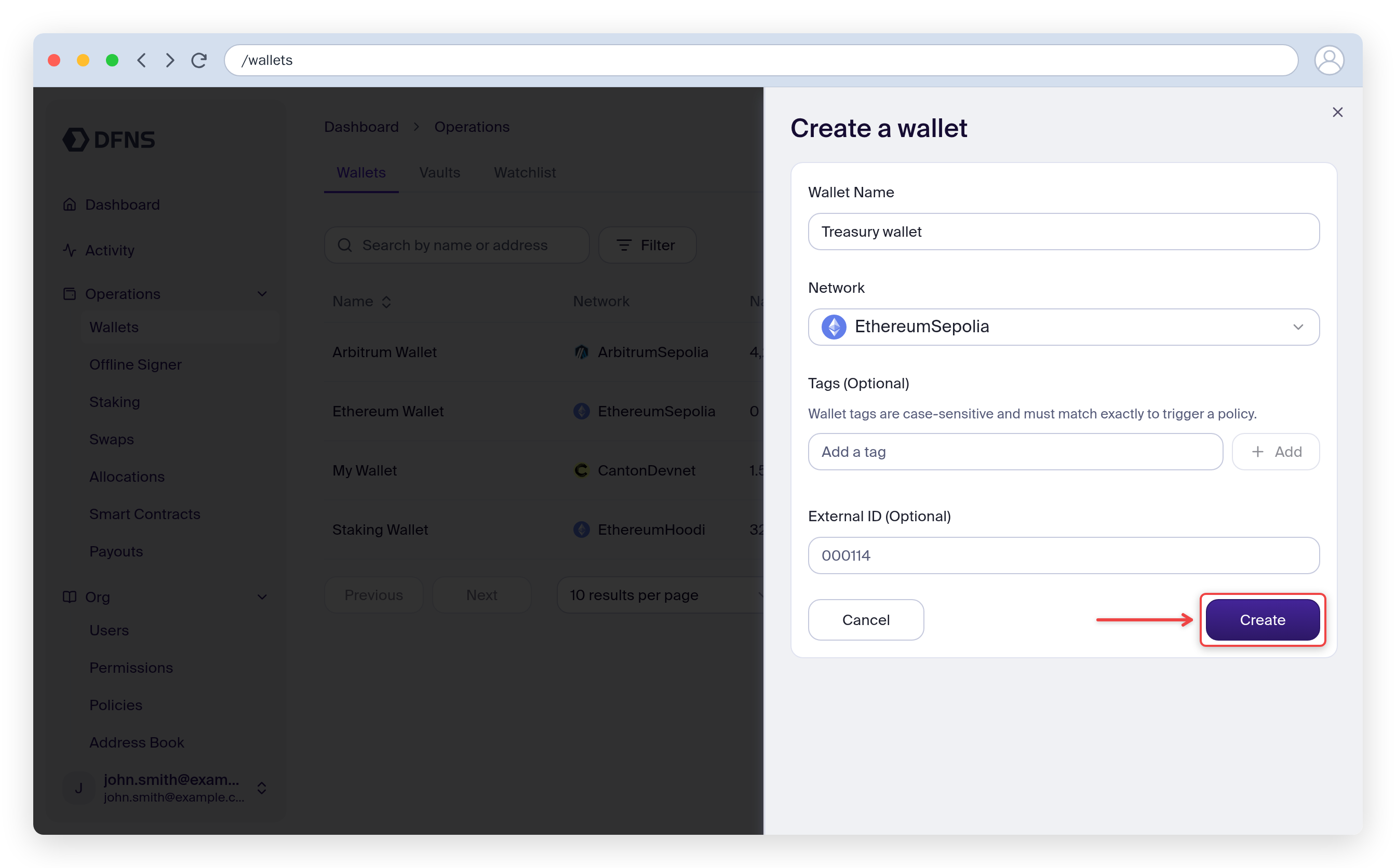 Create a wallet panel with name, network, tags and the Create button