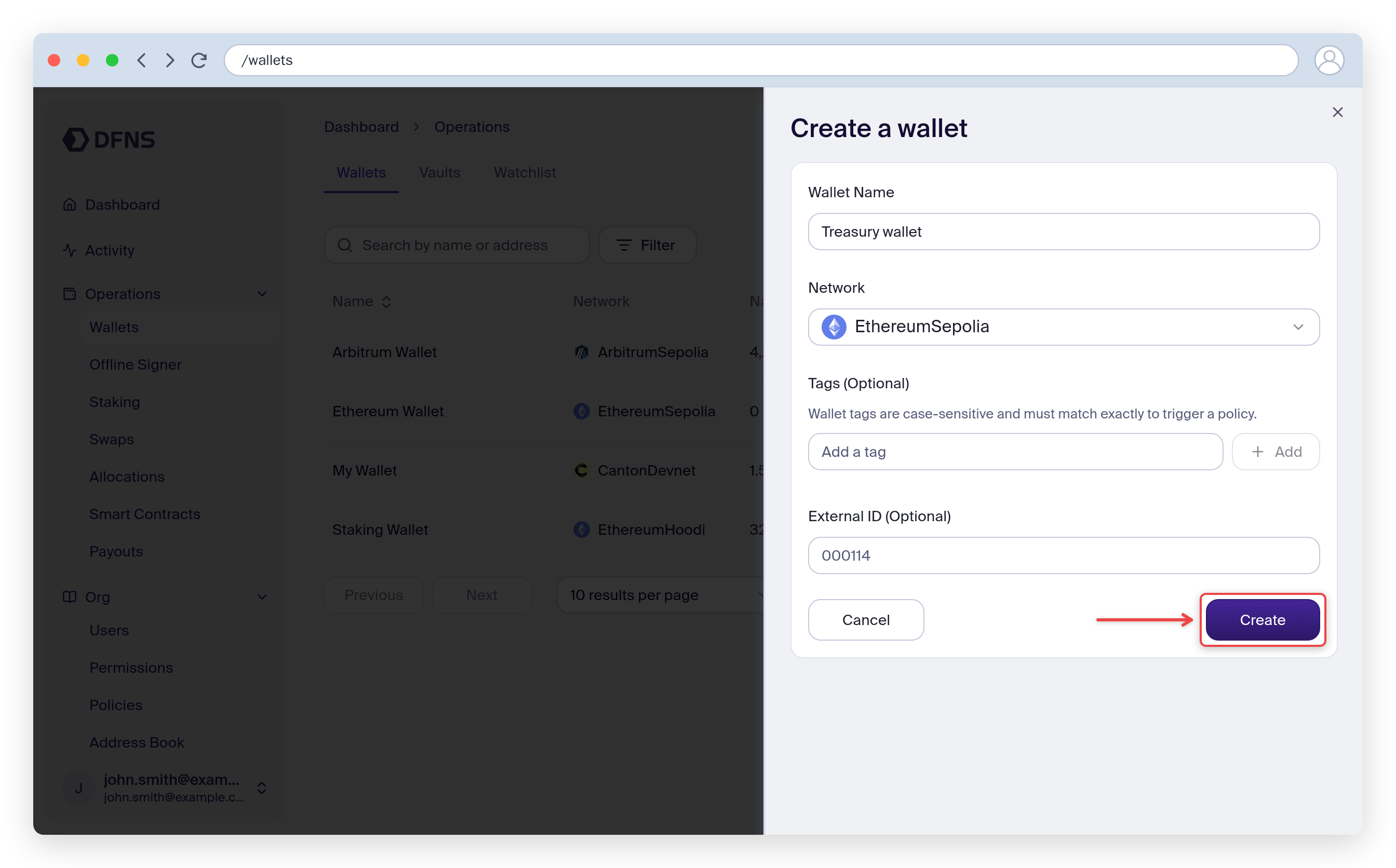 Create a wallet panel with name, network, tags and the Create button