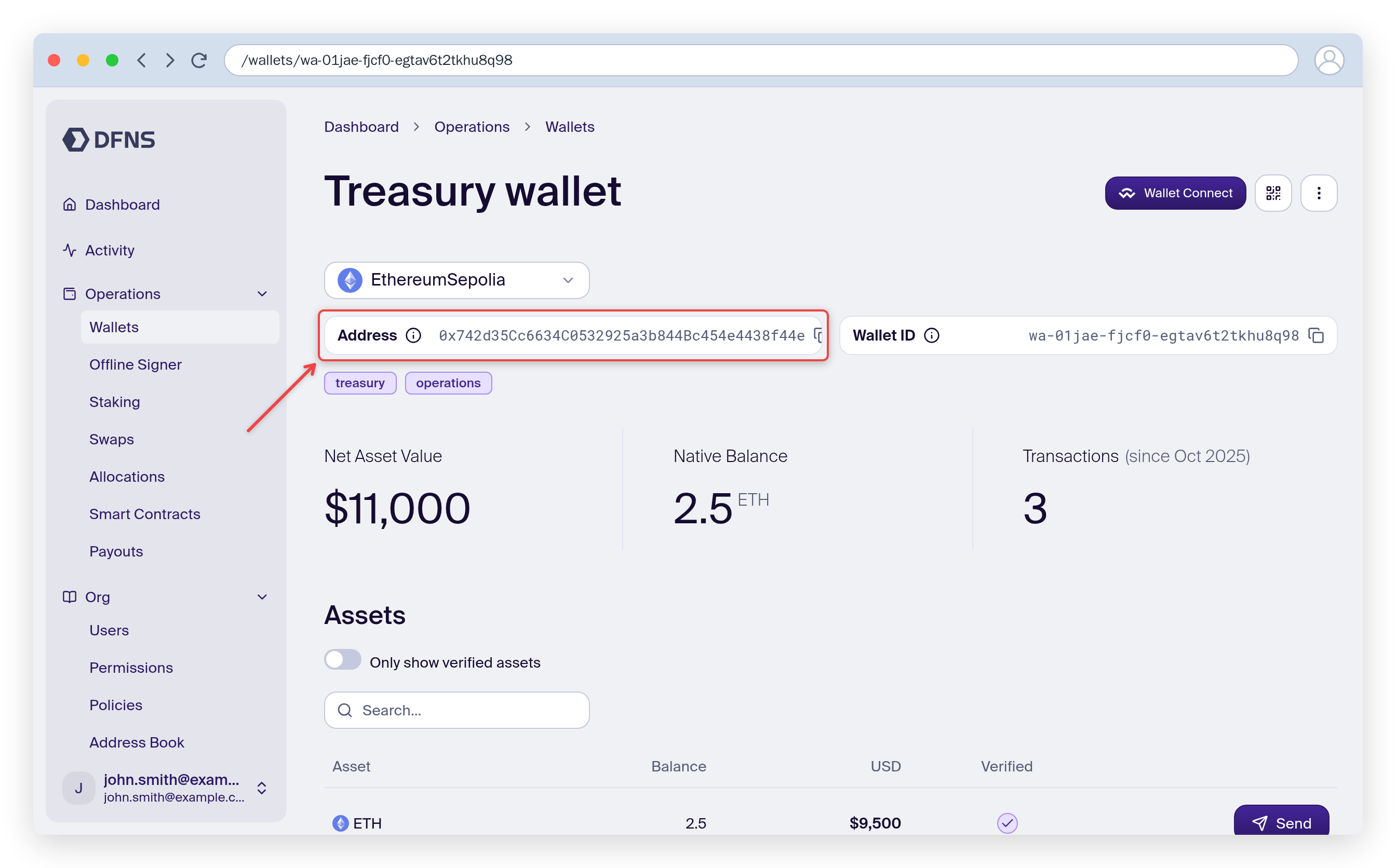 Wallet detail page showing the address, balances and assets