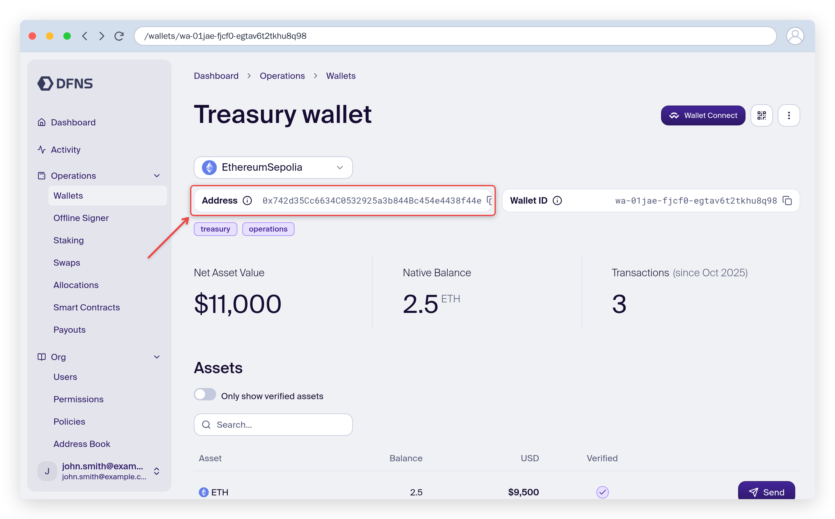 Wallet detail page showing the address, balances and assets