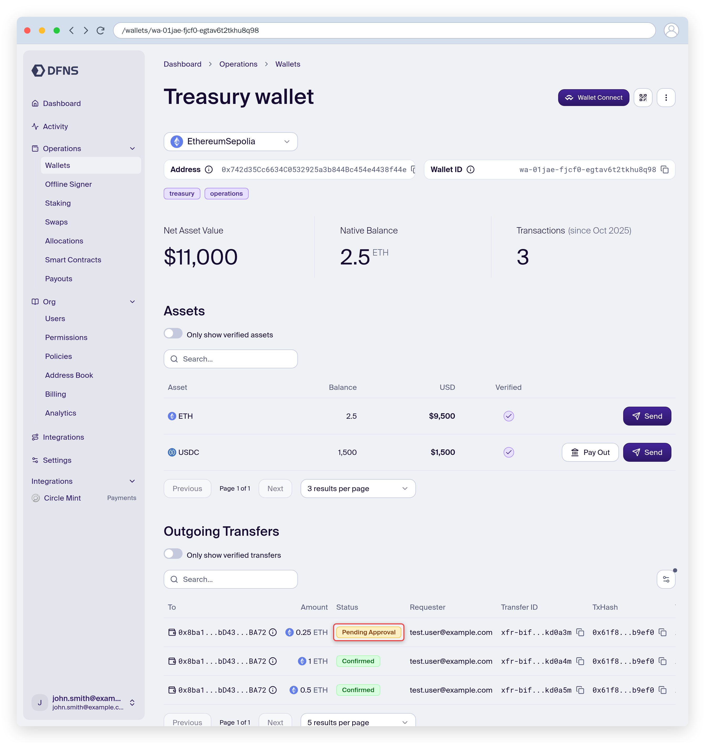 Wallet detail page showing assets, balances and transfers