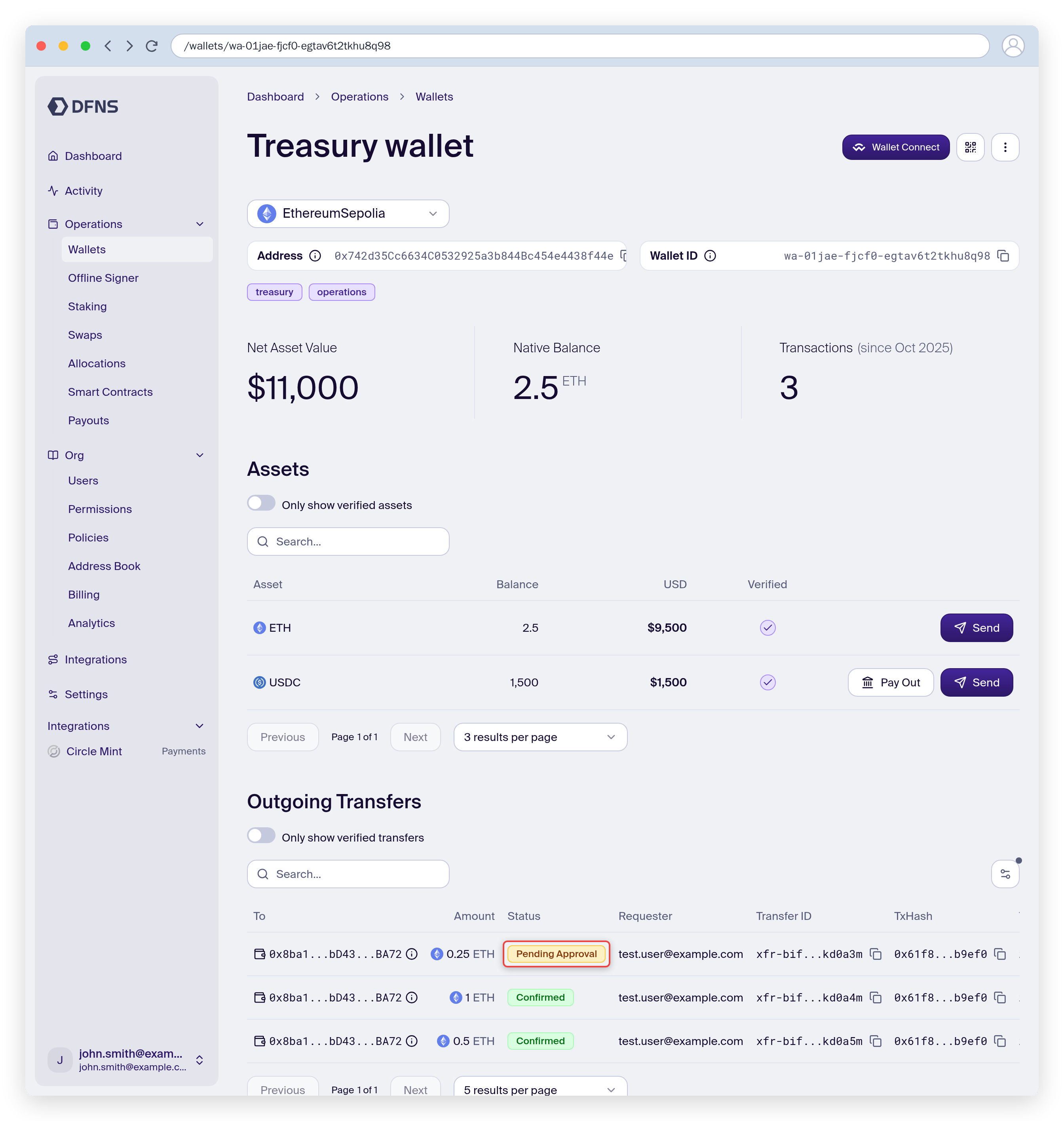 Wallet detail page showing assets, balances and transfers