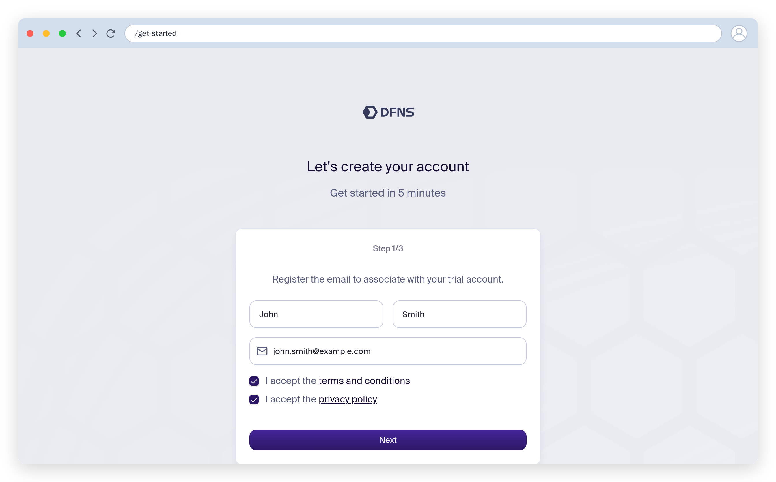 Get-started signup form to create your organization