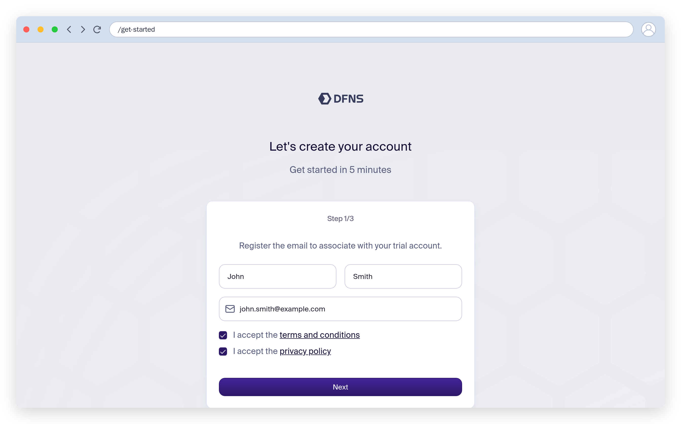 Get-started signup form to create your organization