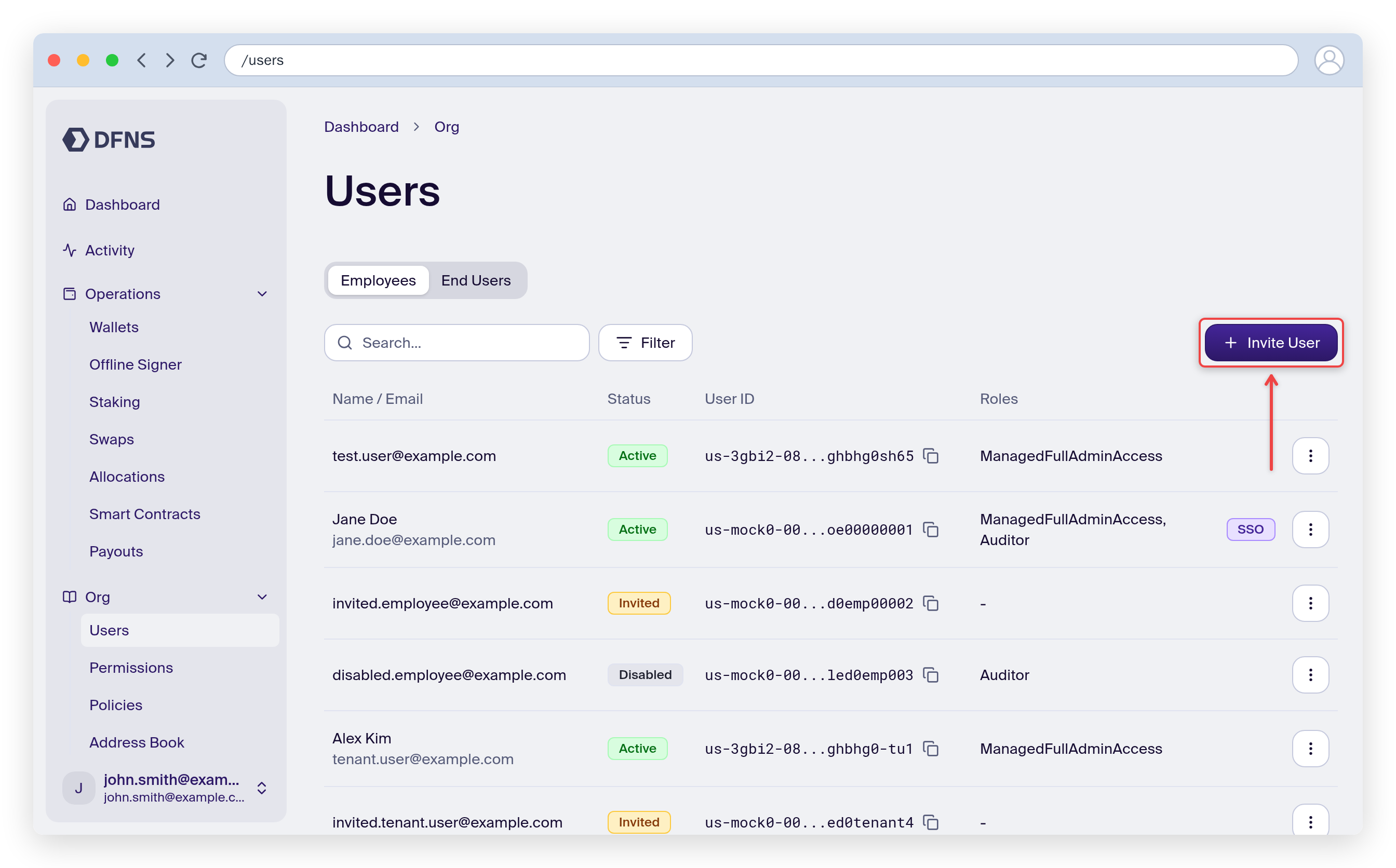 Users page showing you as the only user, with the Invite User button highlighted