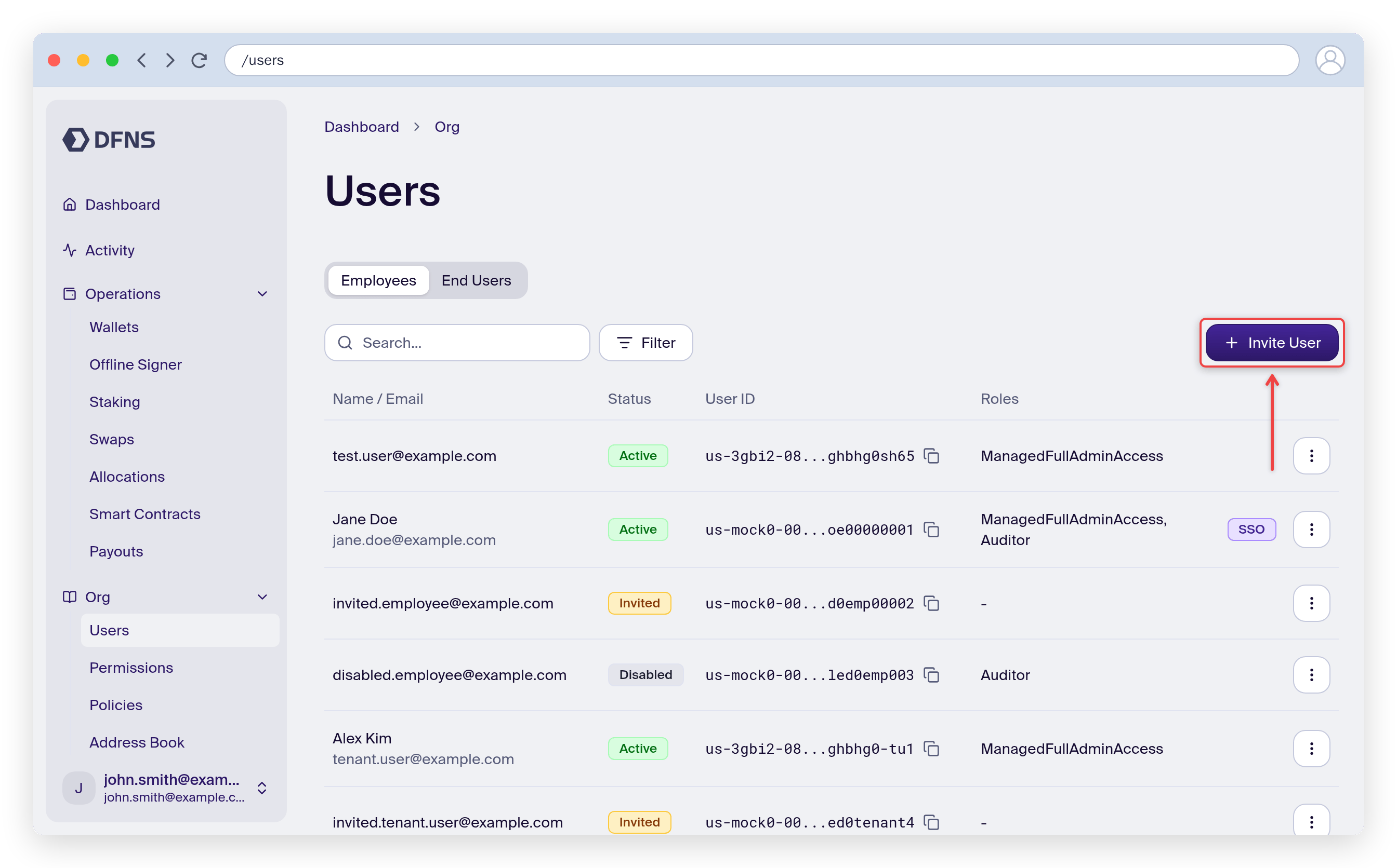 Users page showing you as the only user, with the Invite User button highlighted