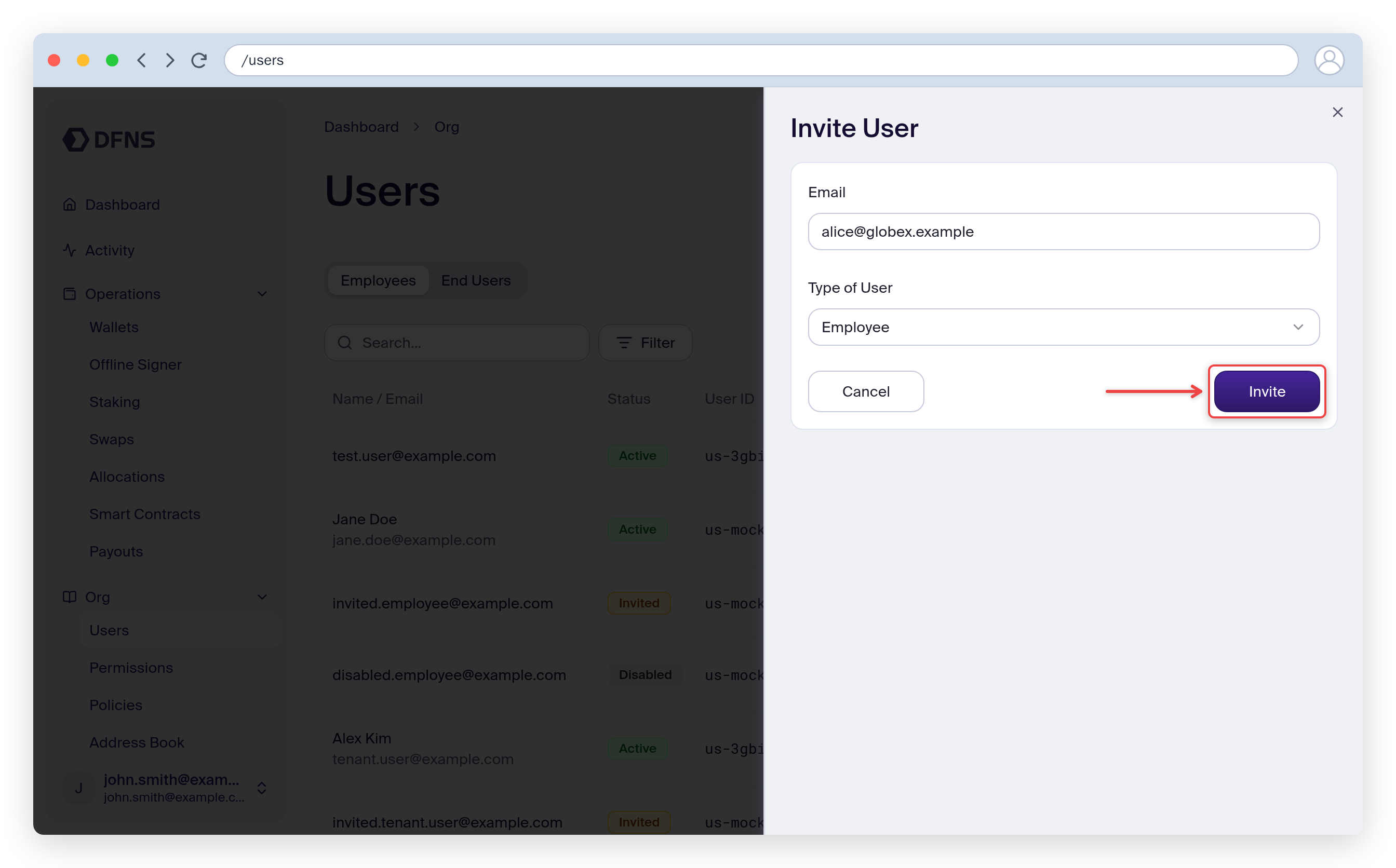 New User invite form with the email field and Create button