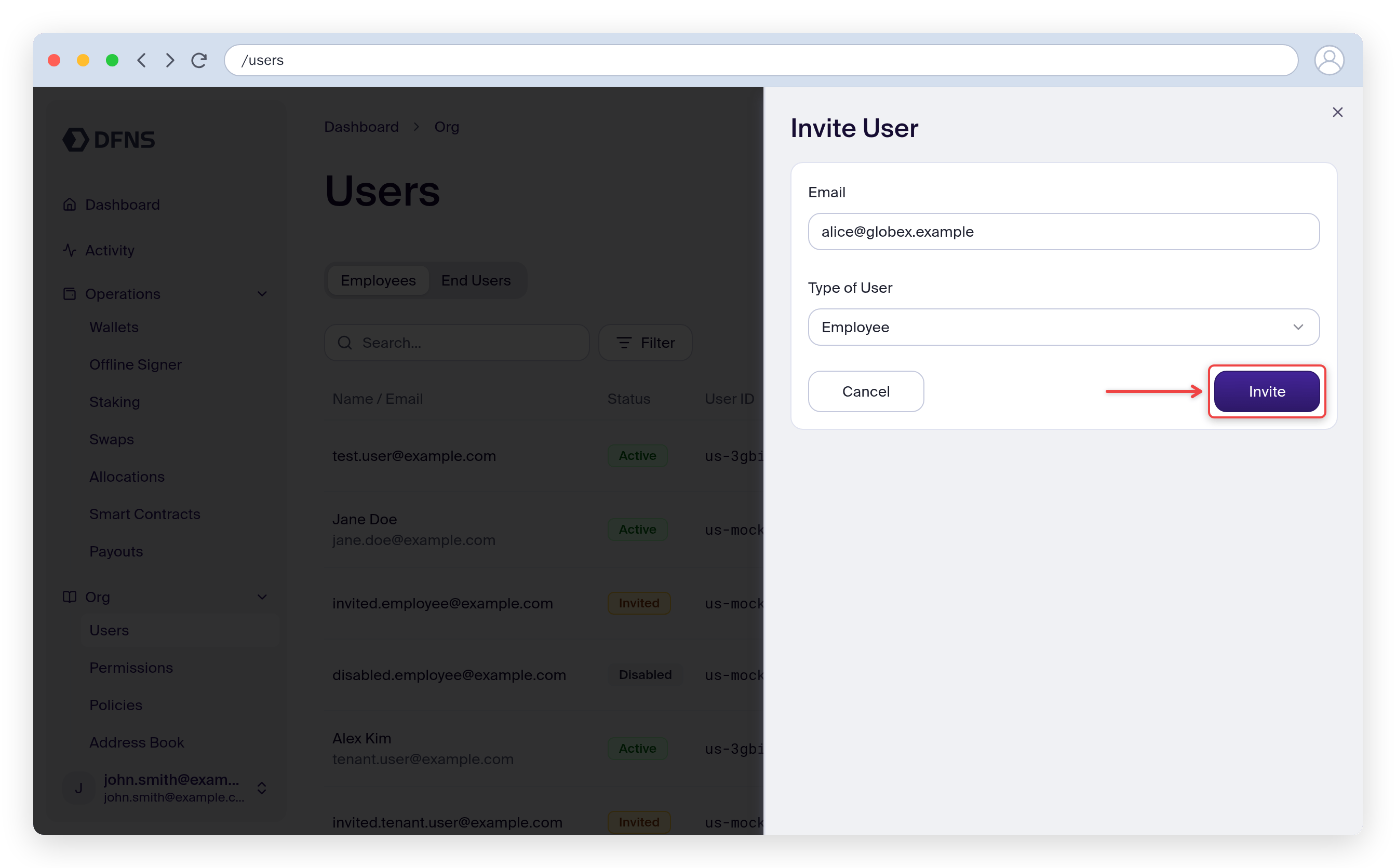 New User invite form with the email field and Create button