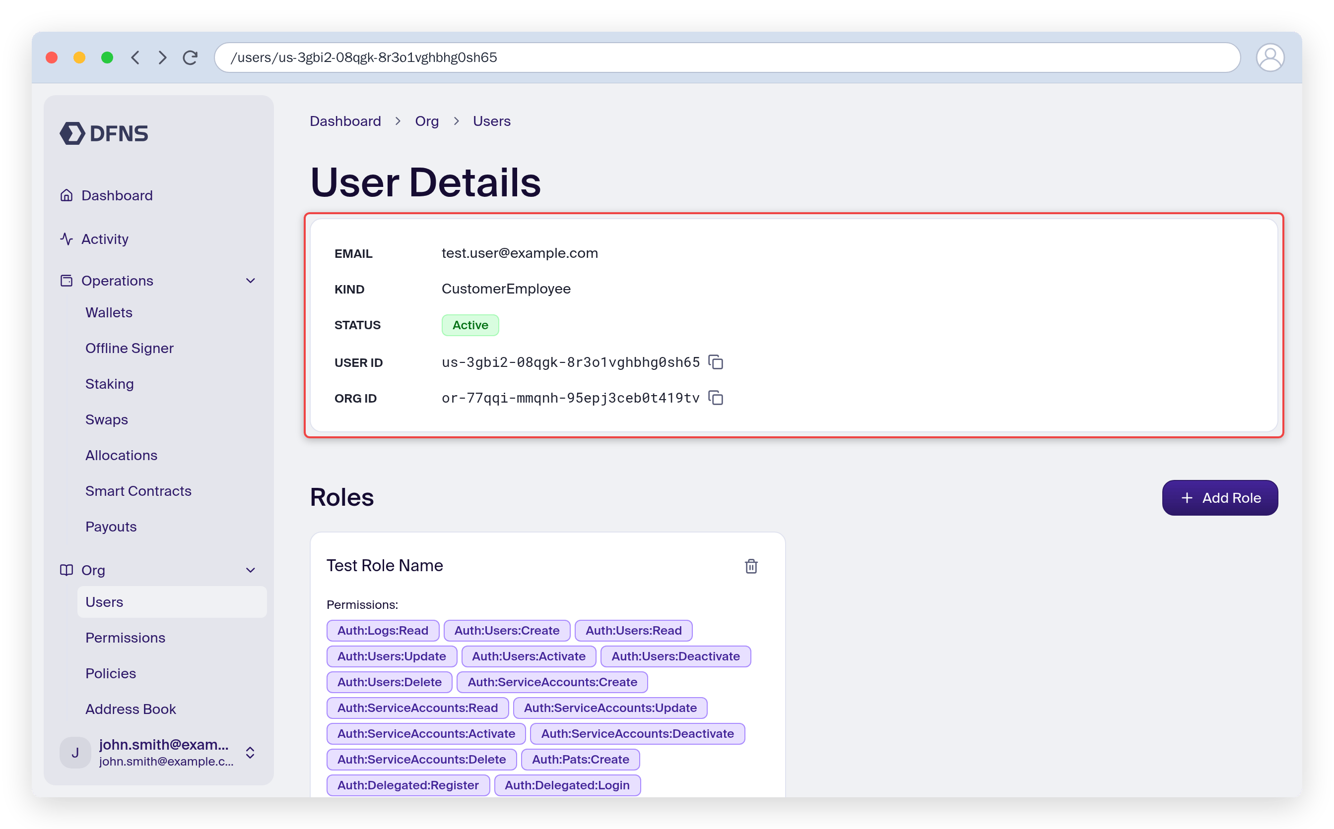 New user details overview with the user information highlighted