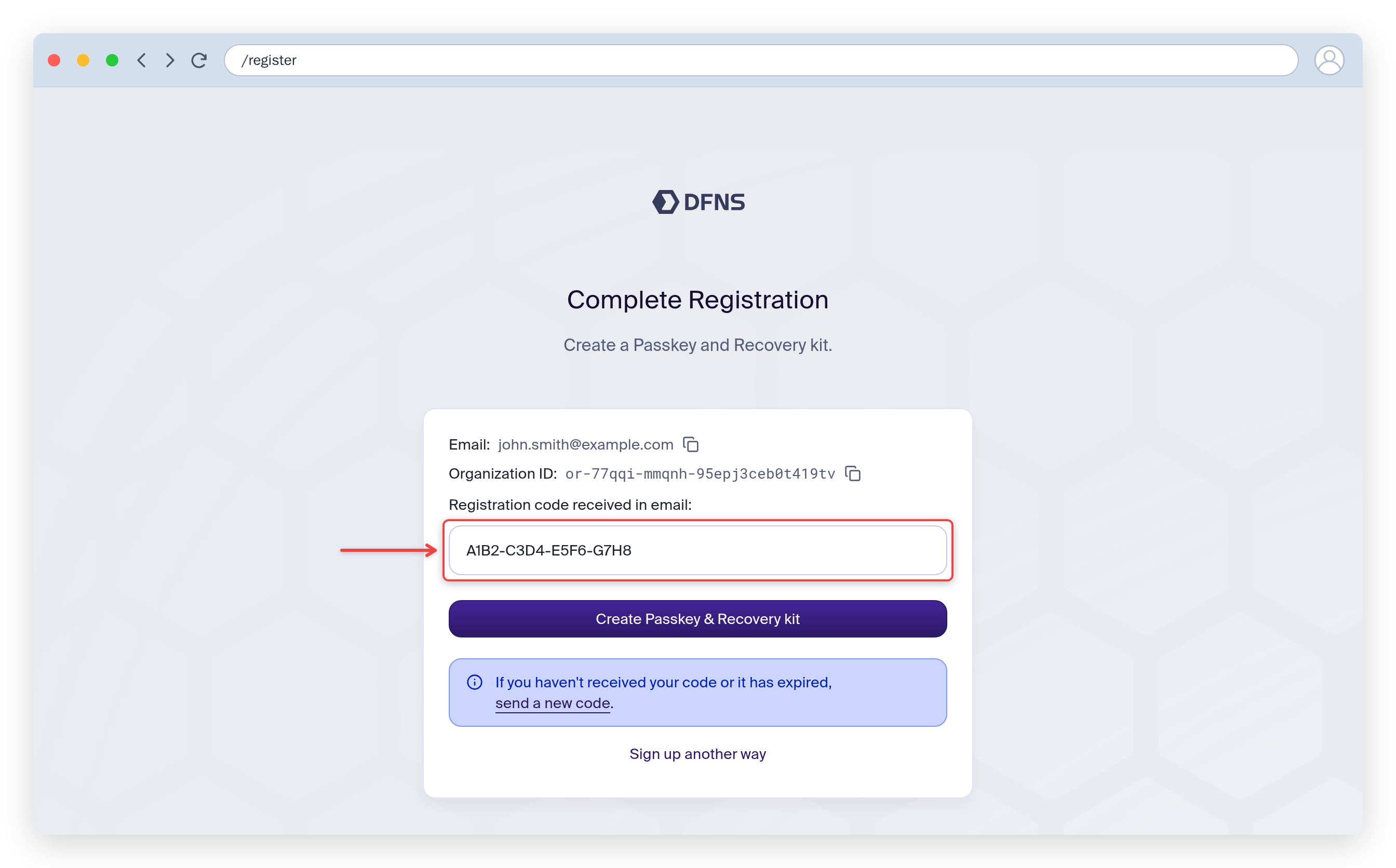 Complete Registration page: enter the emailed code, with your organization ID shown