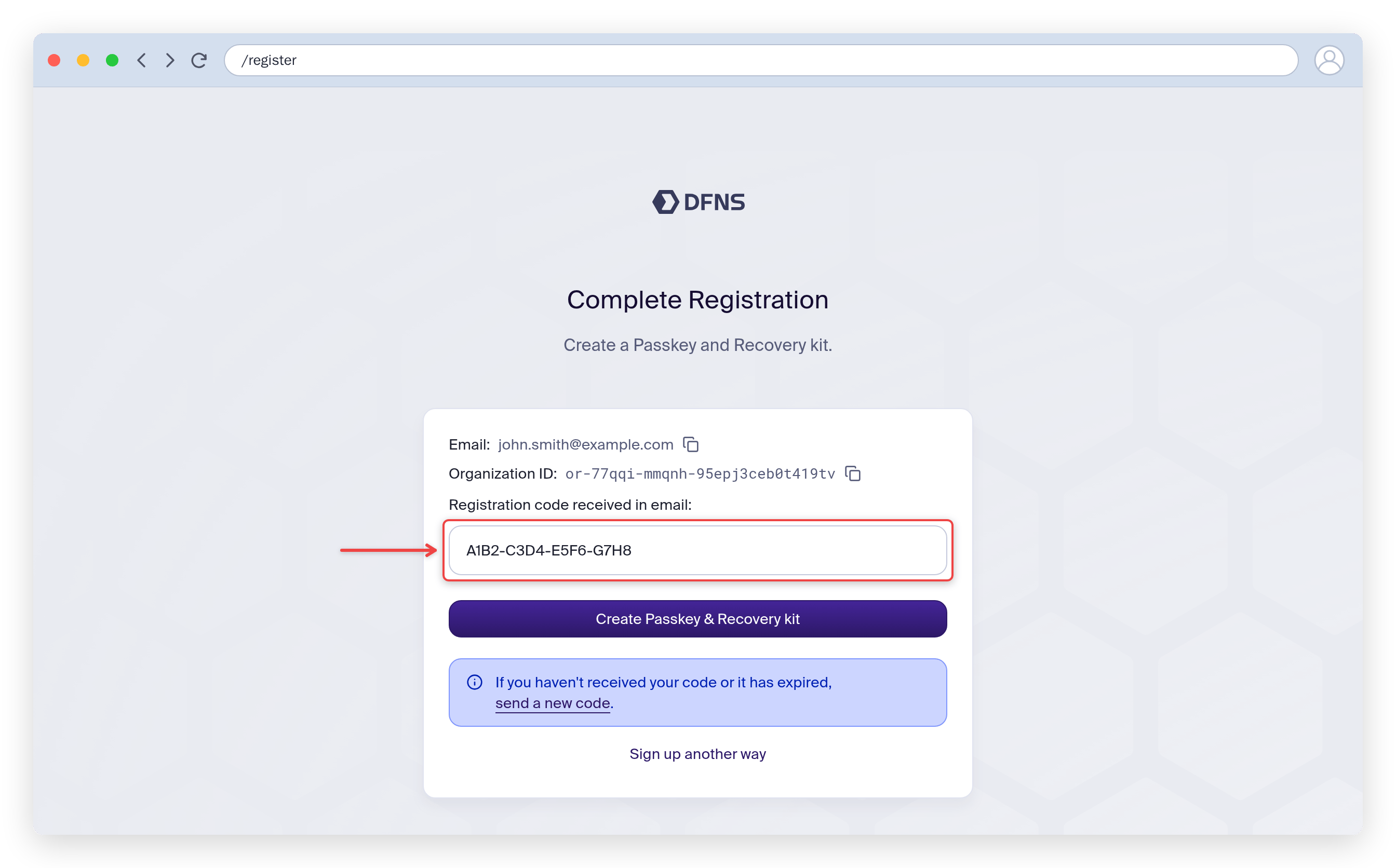 Complete Registration page: enter the emailed code, with your organization ID shown