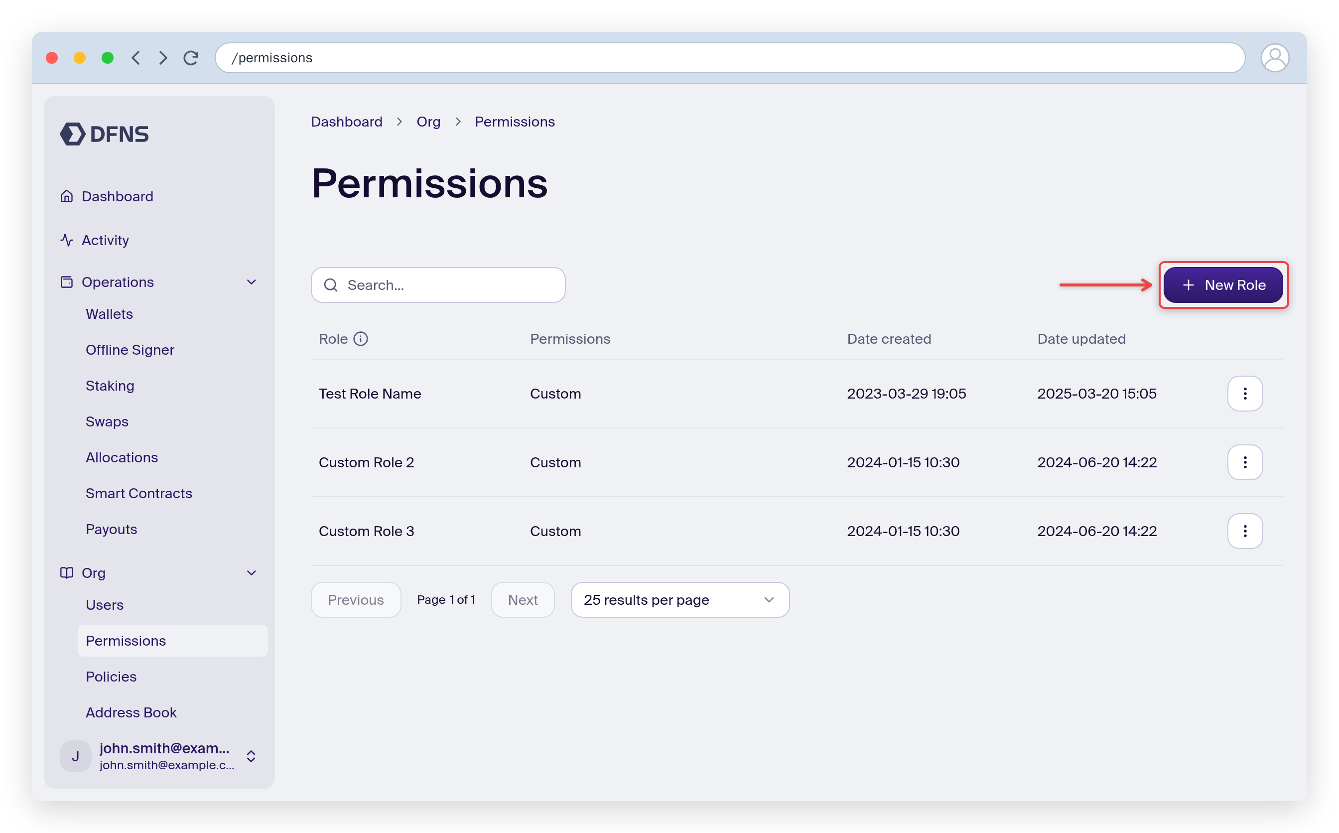 Permissions page with the Create Role button highlighted