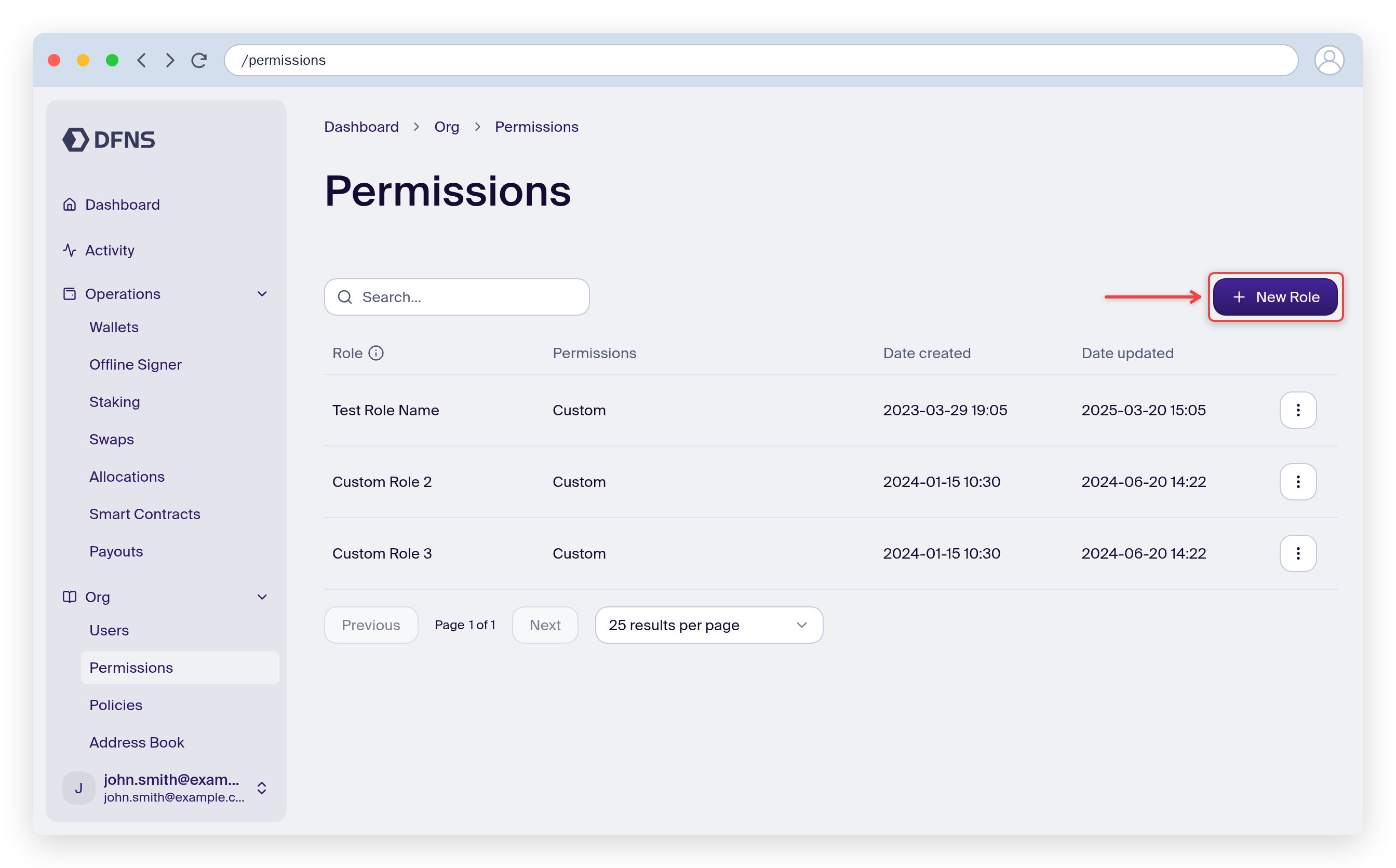 Permissions page with the Create Role button highlighted