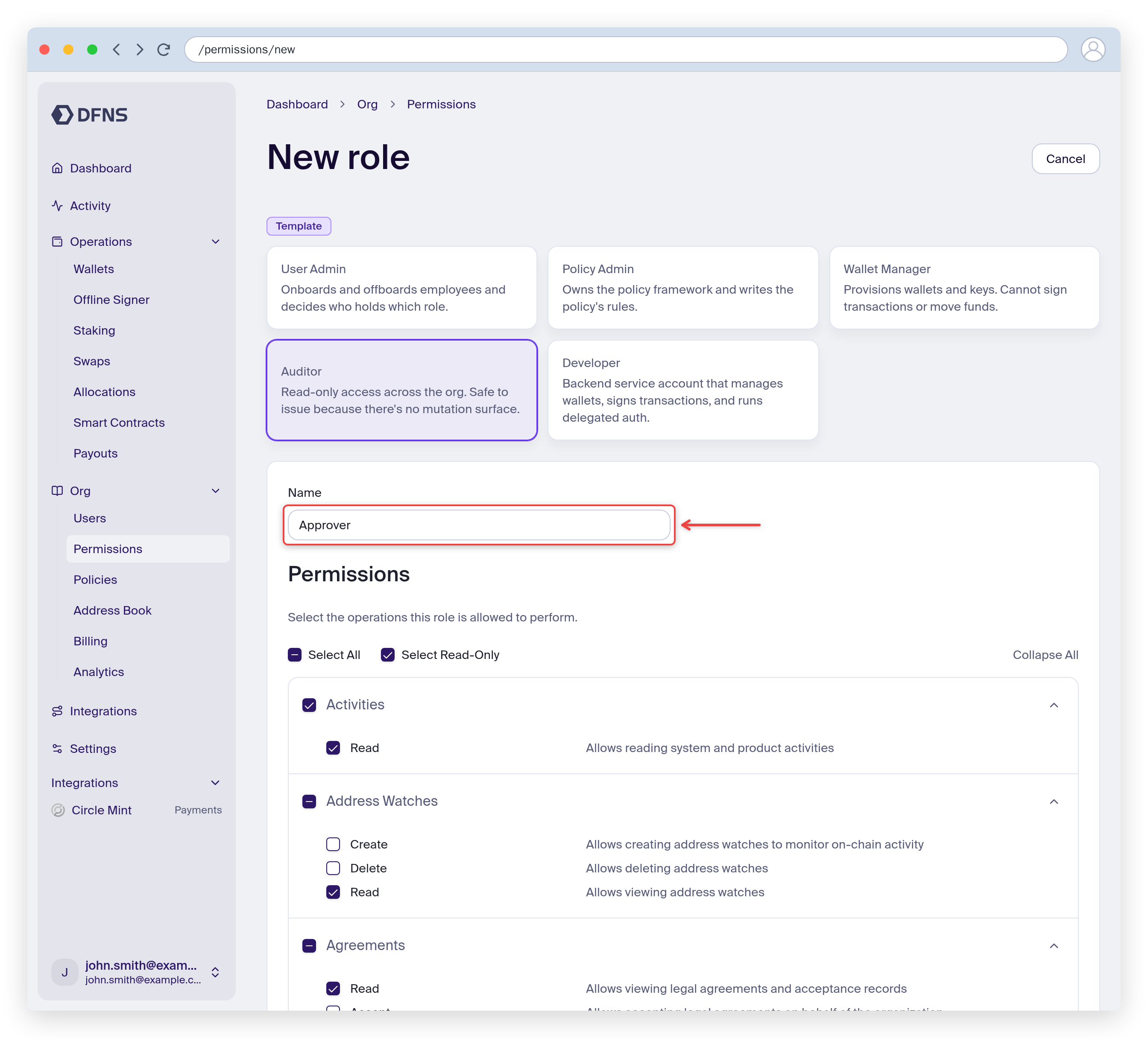 New role form with a name and selected permissions