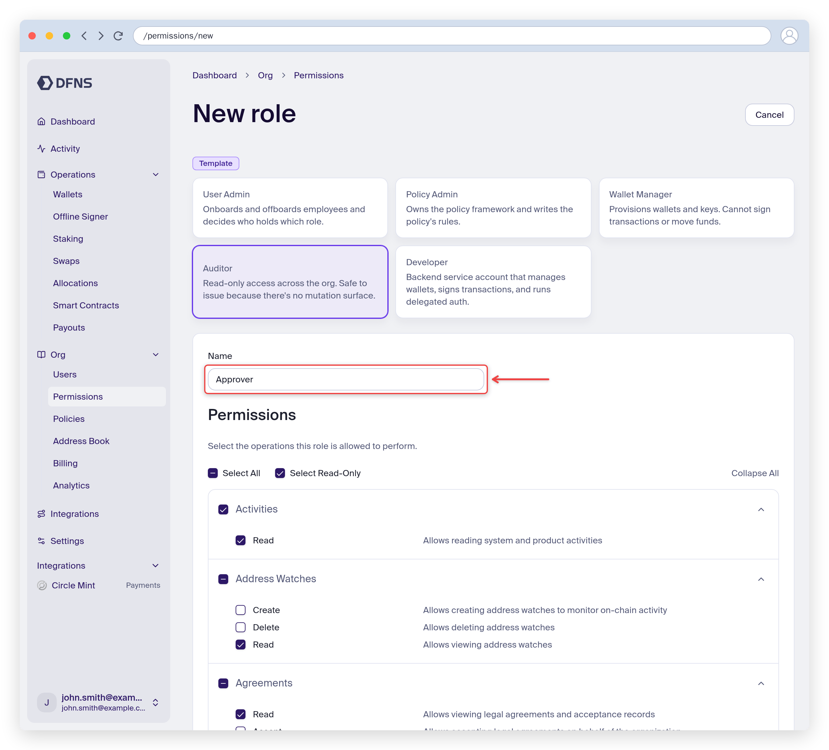New role form with a name and selected permissions