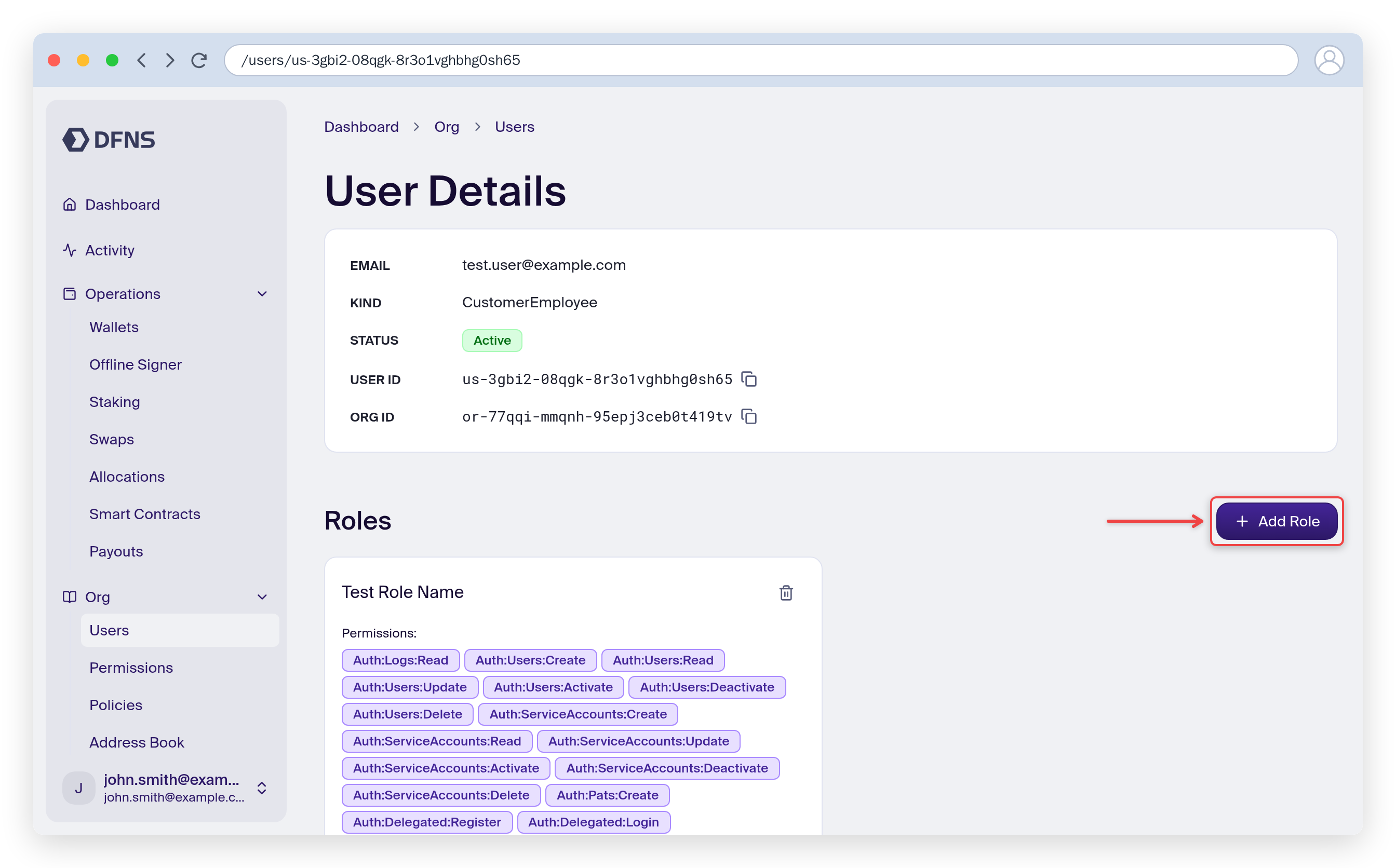 User details page with the Add Role button highlighted