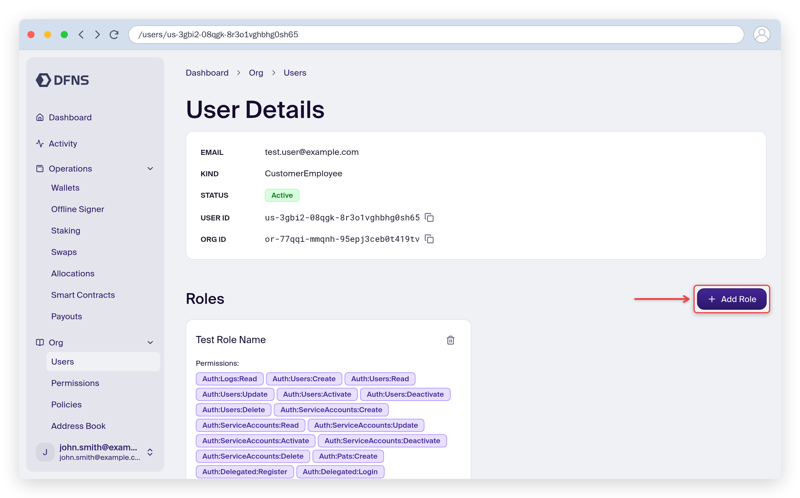 User details page with the Add Role button highlighted