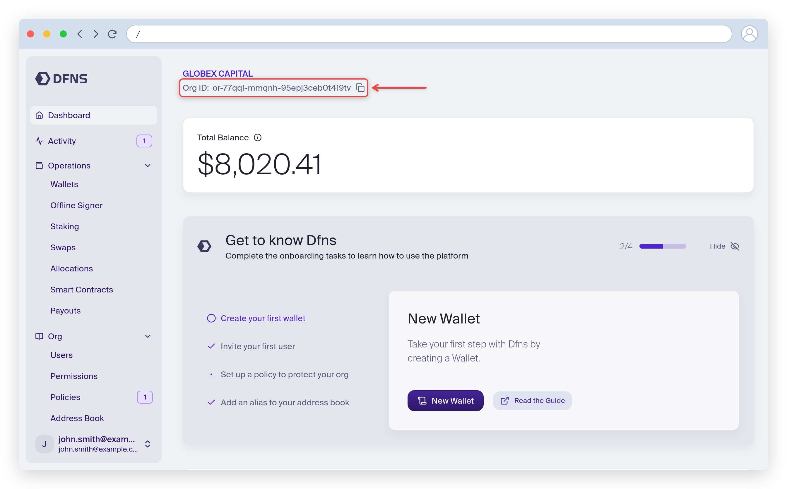 Dashboard homepage with the organization ID highlighted under the organization name