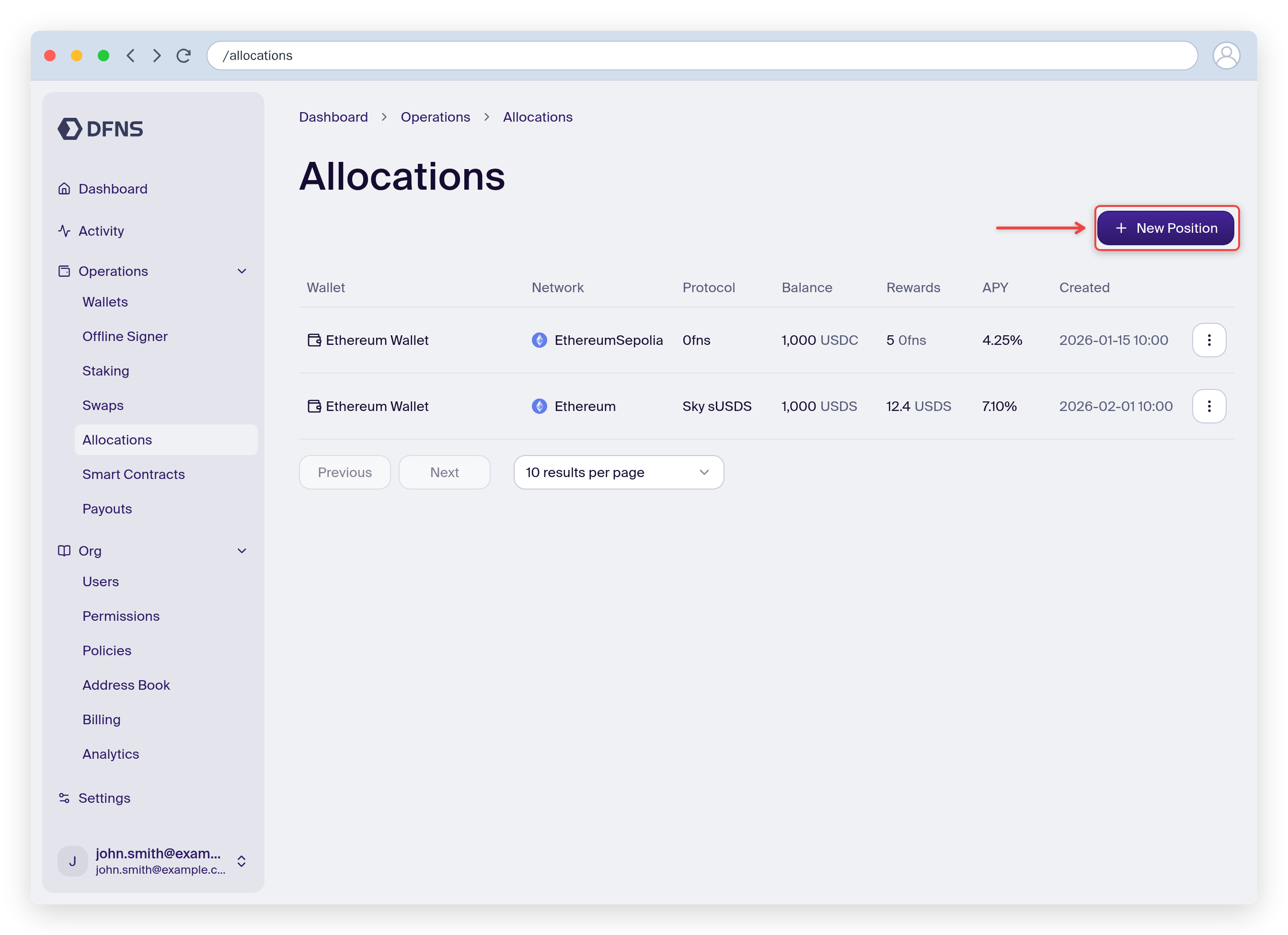 Allocations list with the Create Position button highlighted